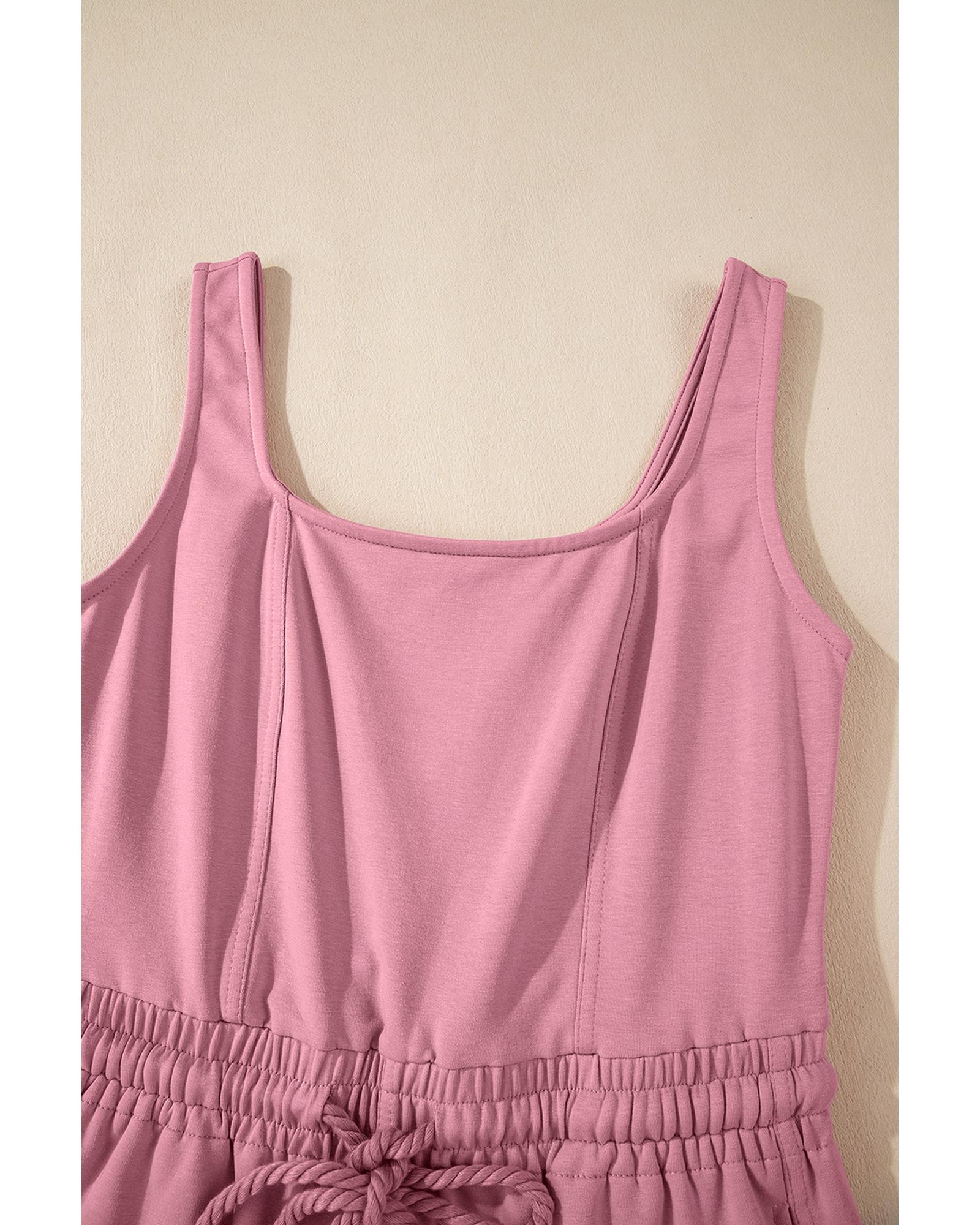 Light Pink Lace-up Elastic Waist Sleeveless Square Neck Jumpsuit - M
