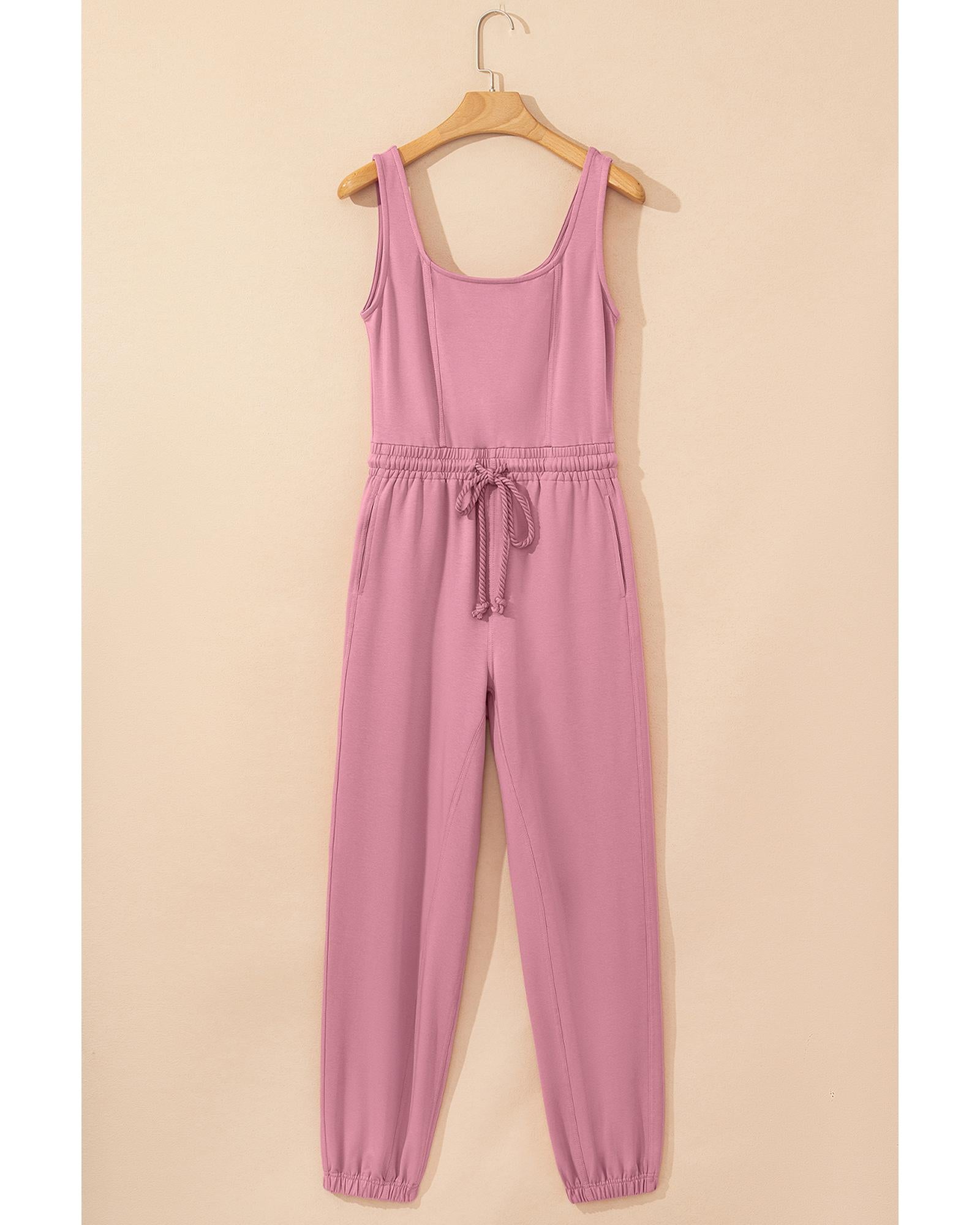 Light Pink Lace-up Elastic Waist Sleeveless Square Neck Jumpsuit - XL