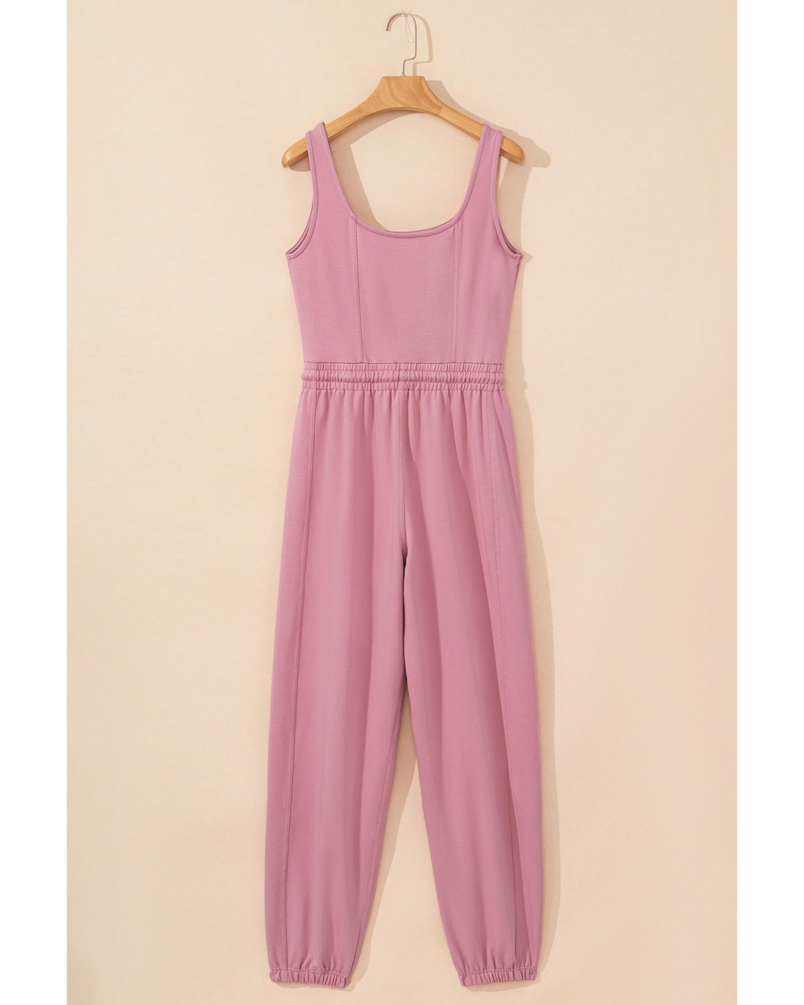 Light Pink Lace-up Elastic Waist Sleeveless Square Neck Jumpsuit - XL