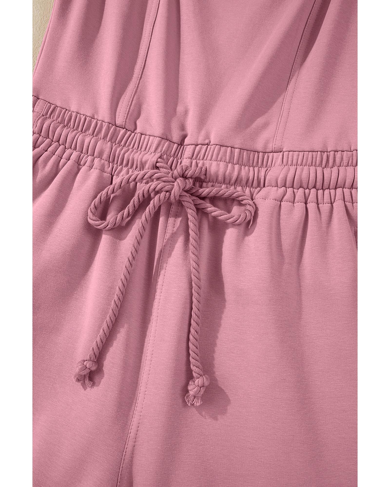 Light Pink Lace-up Elastic Waist Sleeveless Square Neck Jumpsuit - XL
