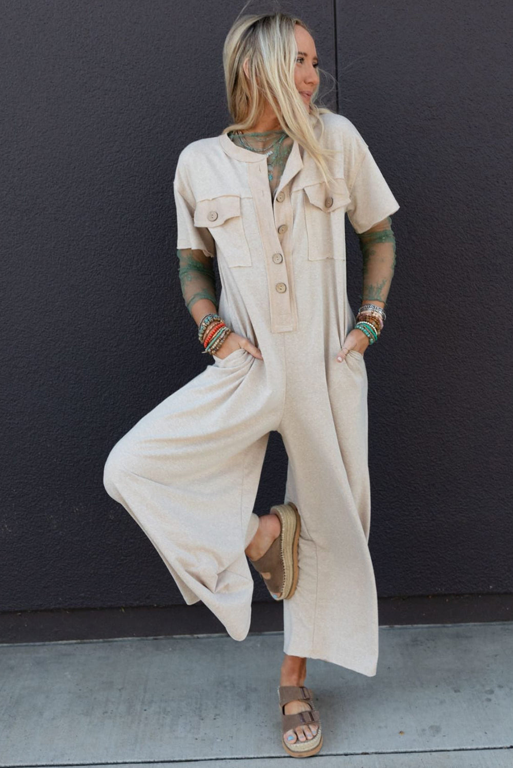 Beige Half Placket Chest Pockets Short Sleeve Wide Leg Jumpsuit - L