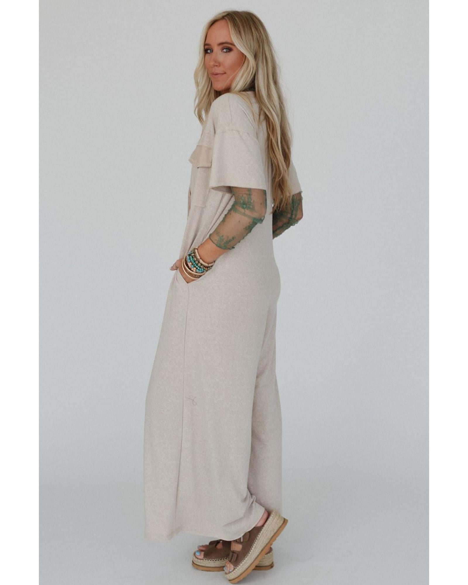 Beige Half Placket Chest Pockets Short Sleeve Wide Leg Jumpsuit - L
