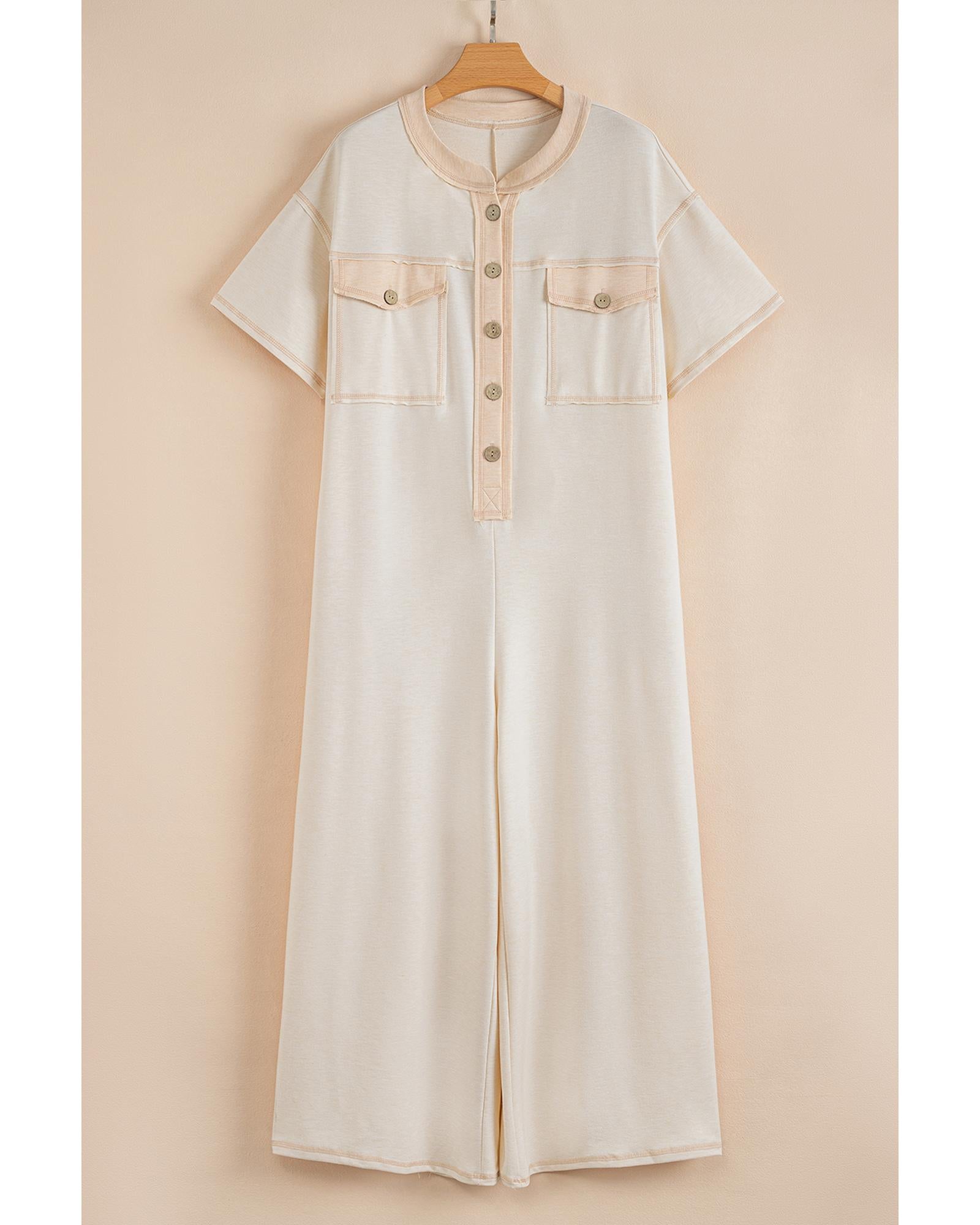 Beige Half Placket Chest Pockets Short Sleeve Wide Leg Jumpsuit - L