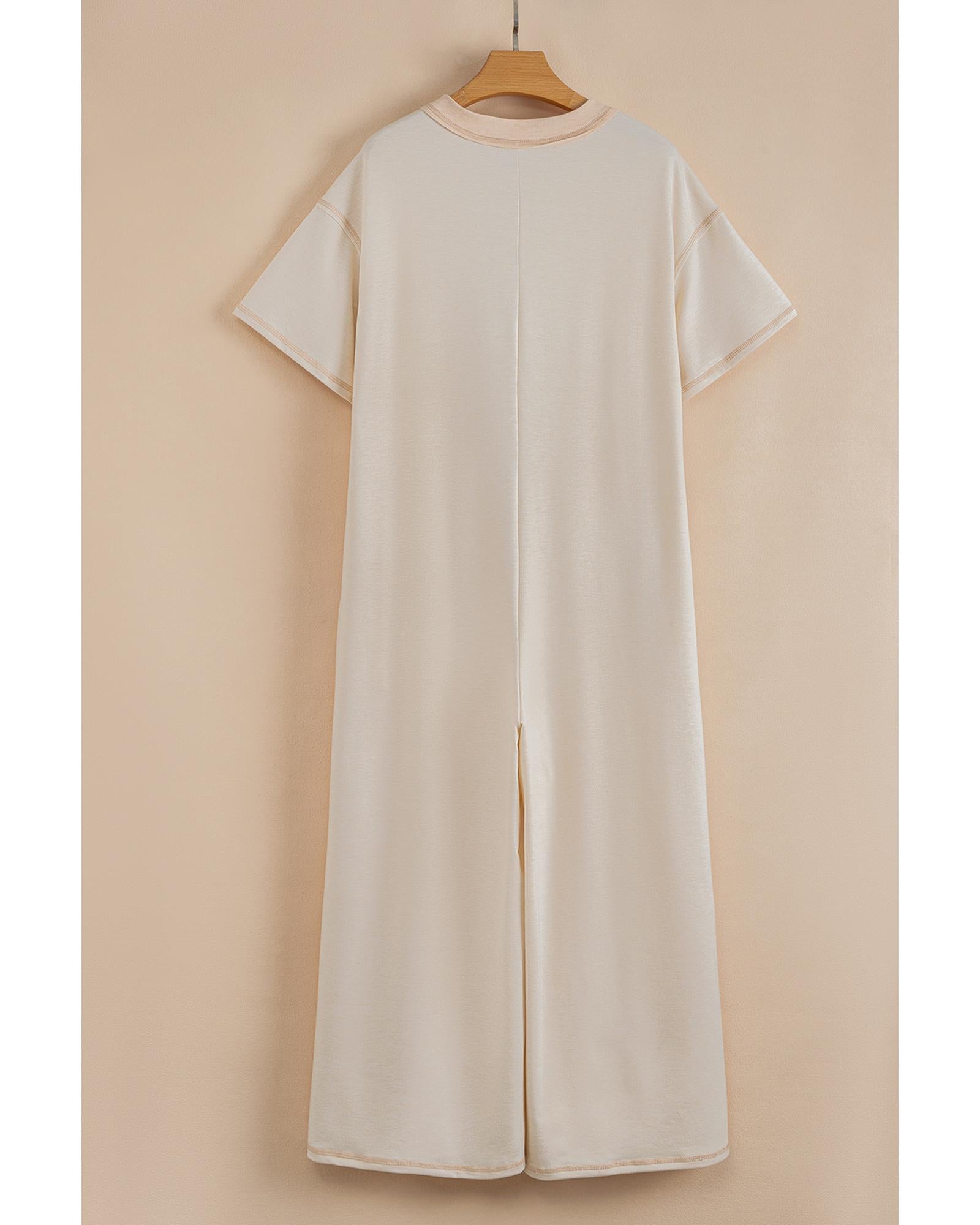 Beige Half Placket Chest Pockets Short Sleeve Wide Leg Jumpsuit - L