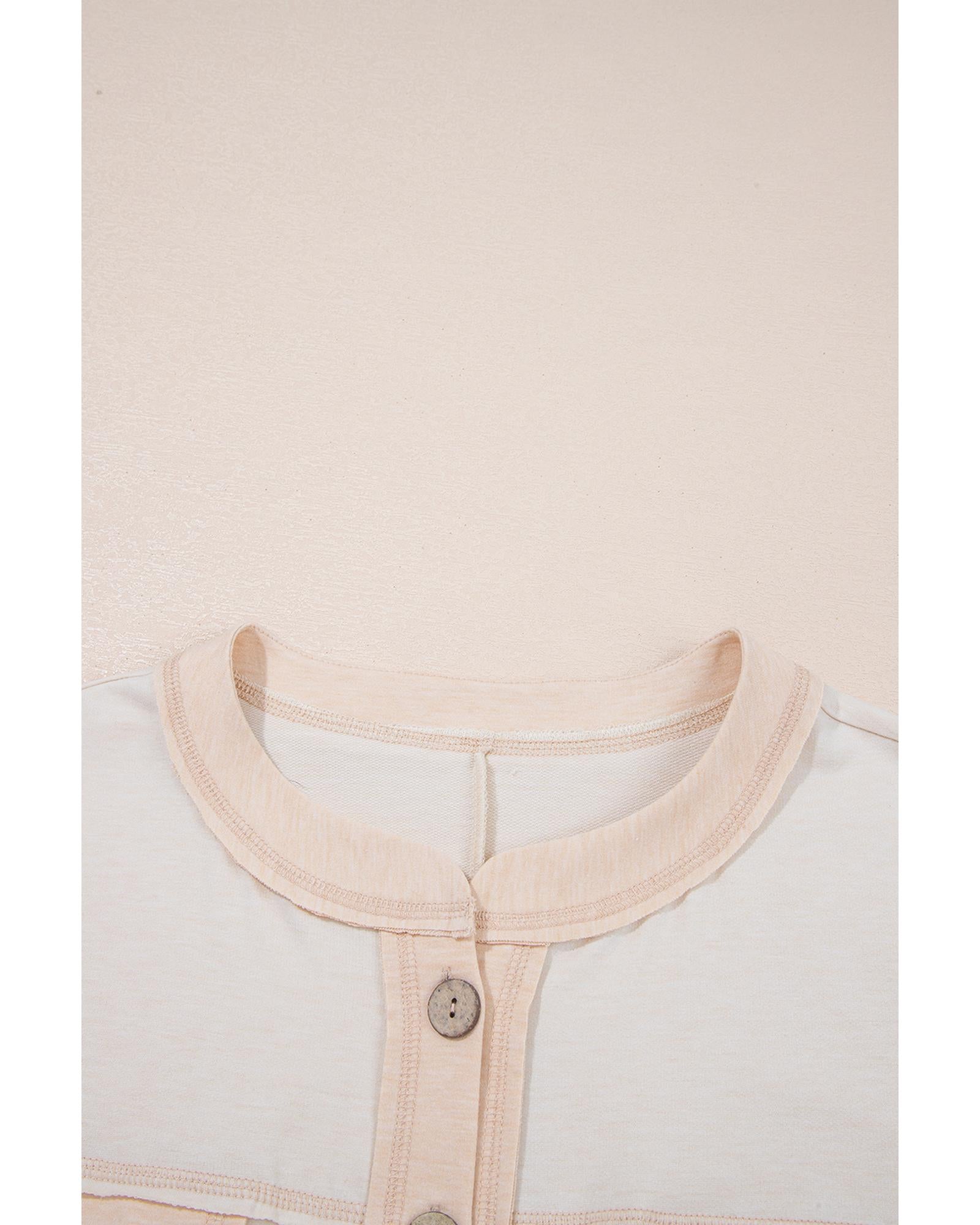 Beige Half Placket Chest Pockets Short Sleeve Wide Leg Jumpsuit - L