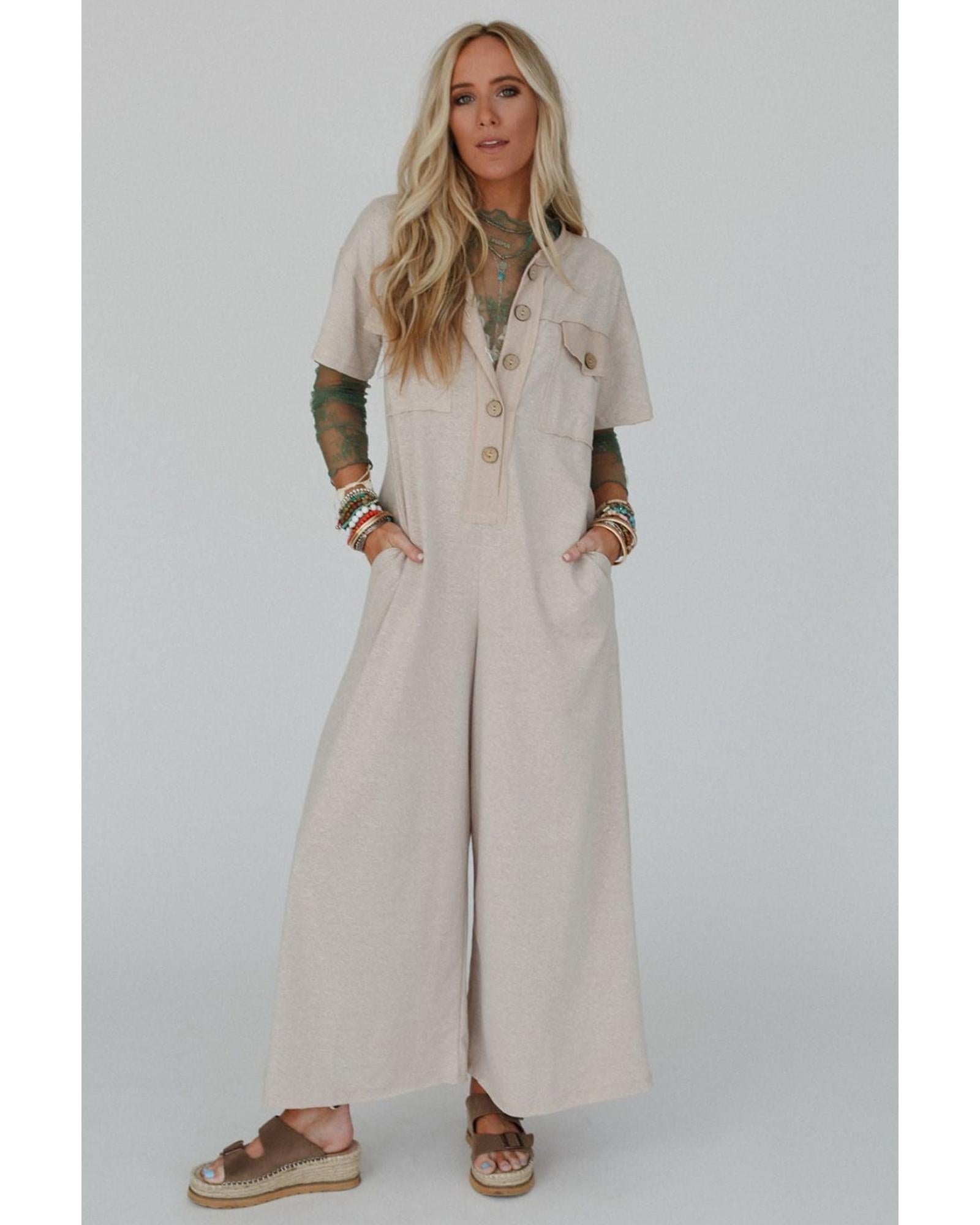 Beige Half Placket Chest Pockets Short Sleeve Wide Leg Jumpsuit - XL