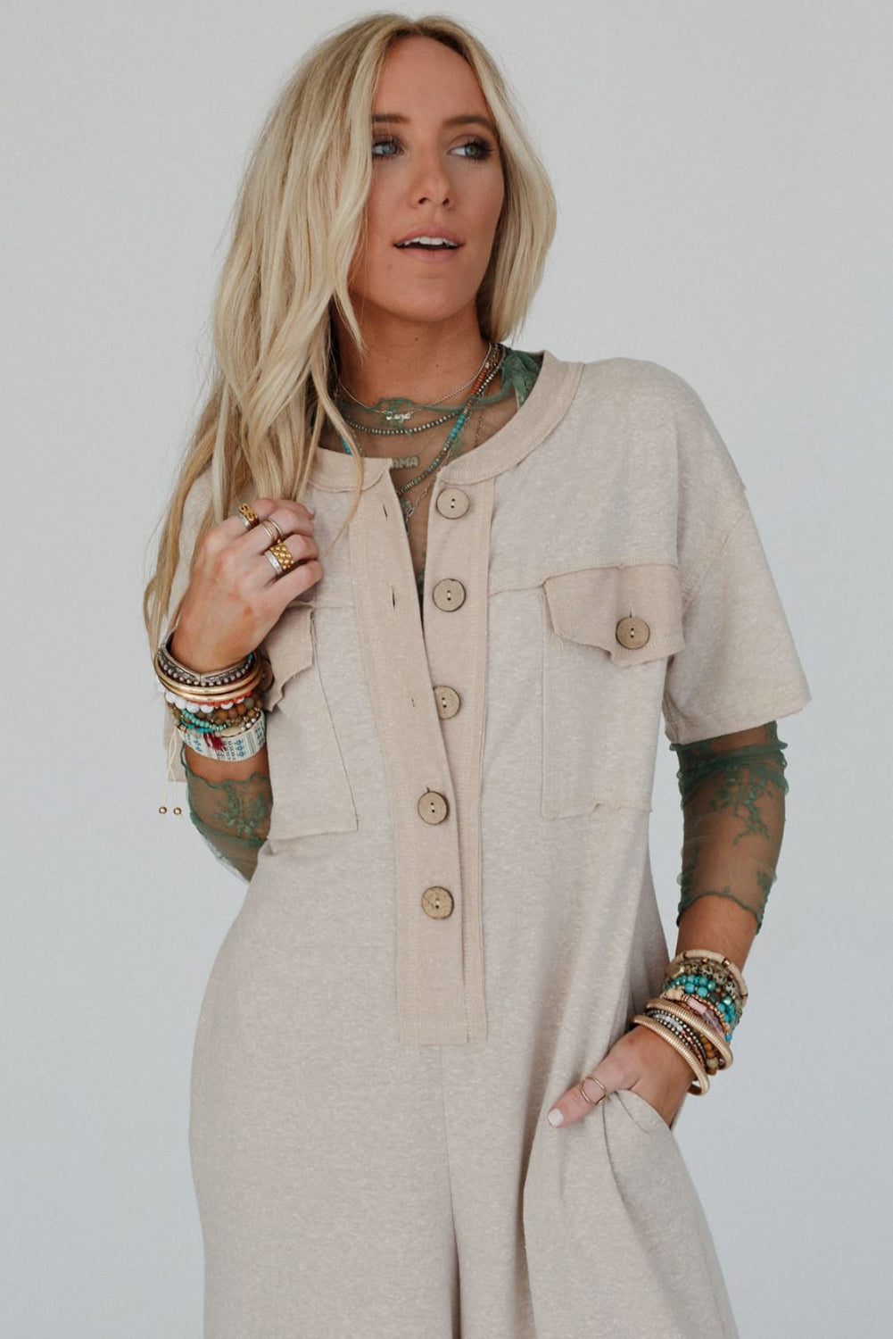 Beige Half Placket Chest Pockets Short Sleeve Wide Leg Jumpsuit - XL