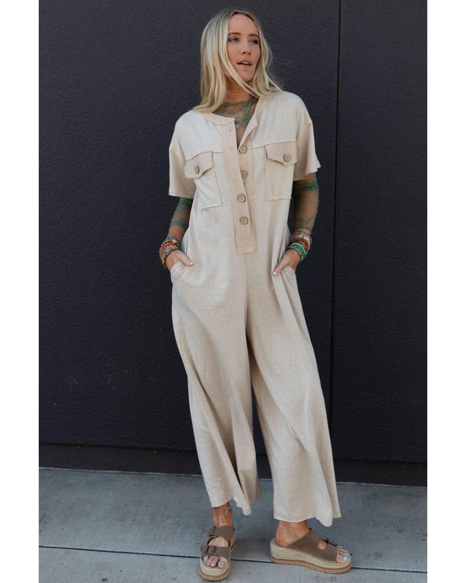 Beige Half Placket Chest Pockets Short Sleeve Wide Leg Jumpsuit - XL
