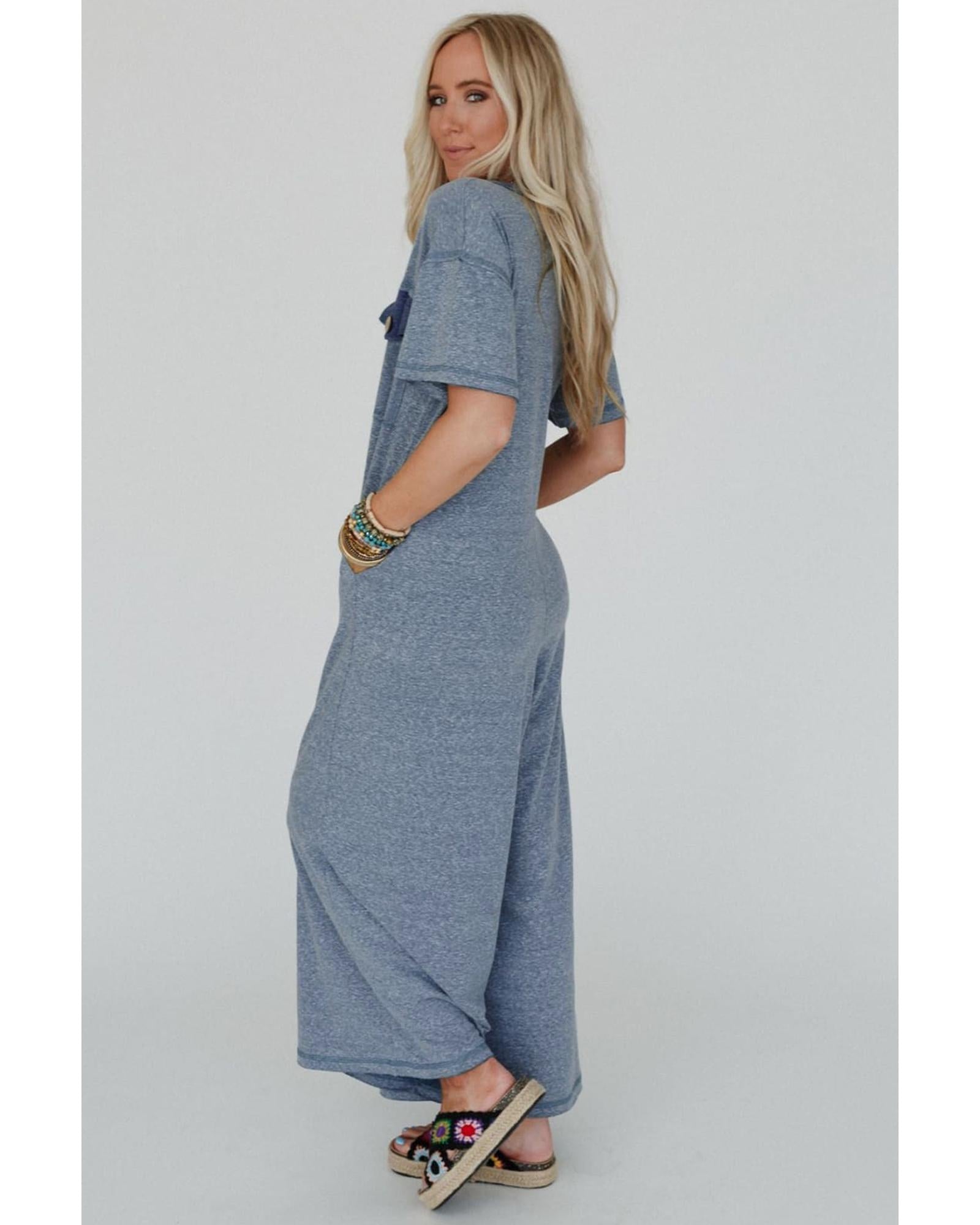 Beau Blue Half Placket Chest Pockets Short Sleeve Wide Leg Jumpsuit - M