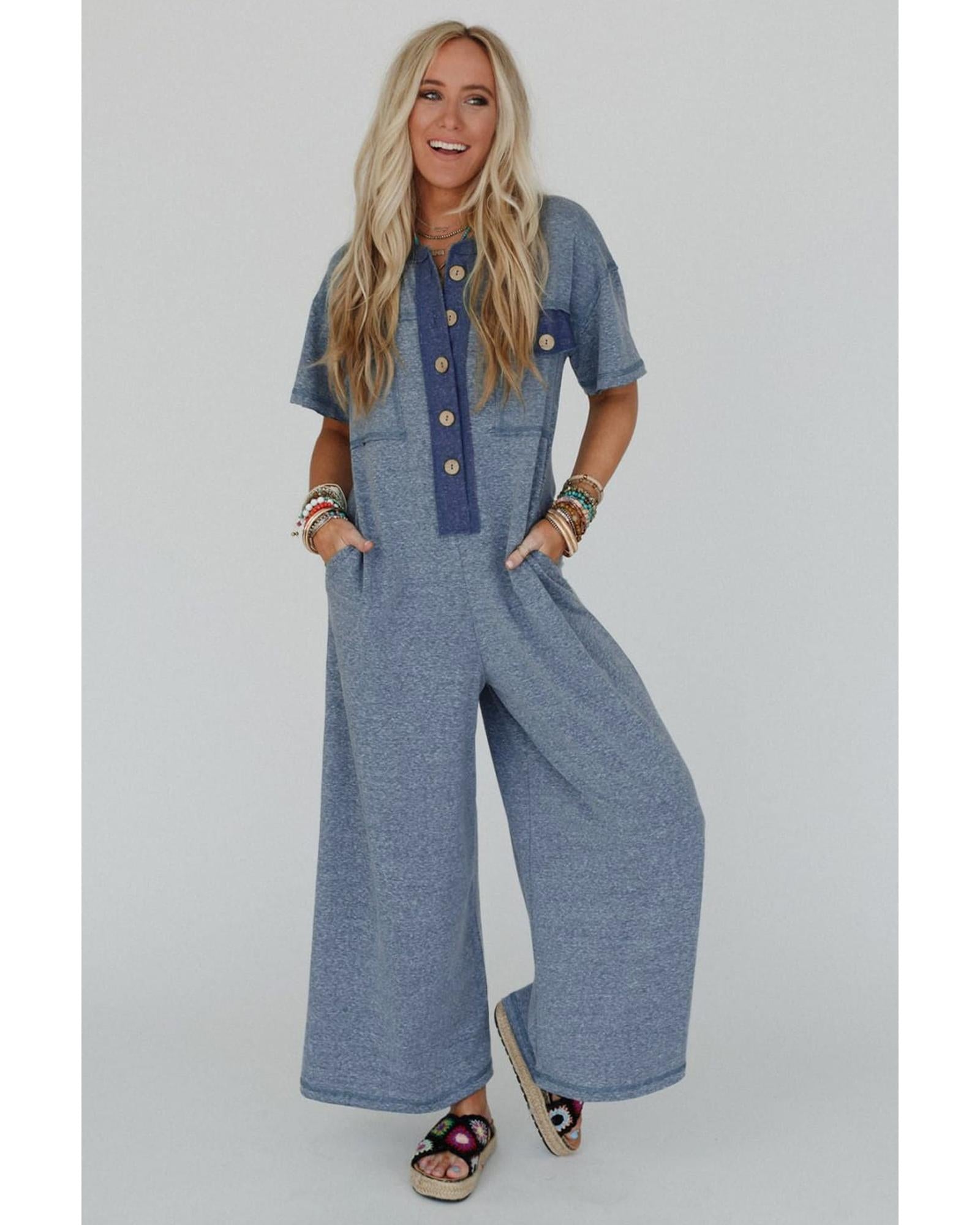 Beau Blue Half Placket Chest Pockets Short Sleeve Wide Leg Jumpsuit - M