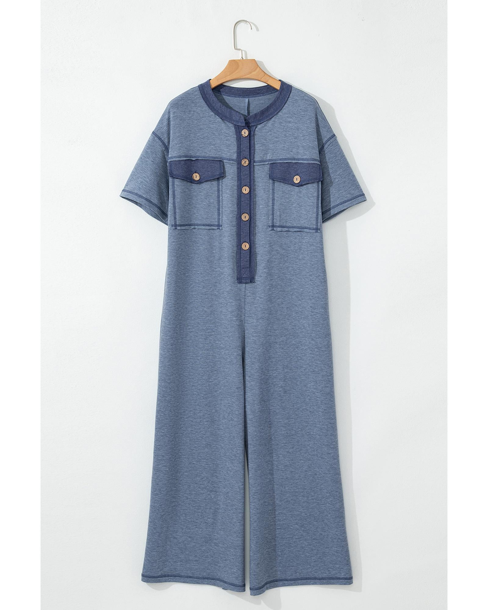 Beau Blue Half Placket Chest Pockets Short Sleeve Wide Leg Jumpsuit - M