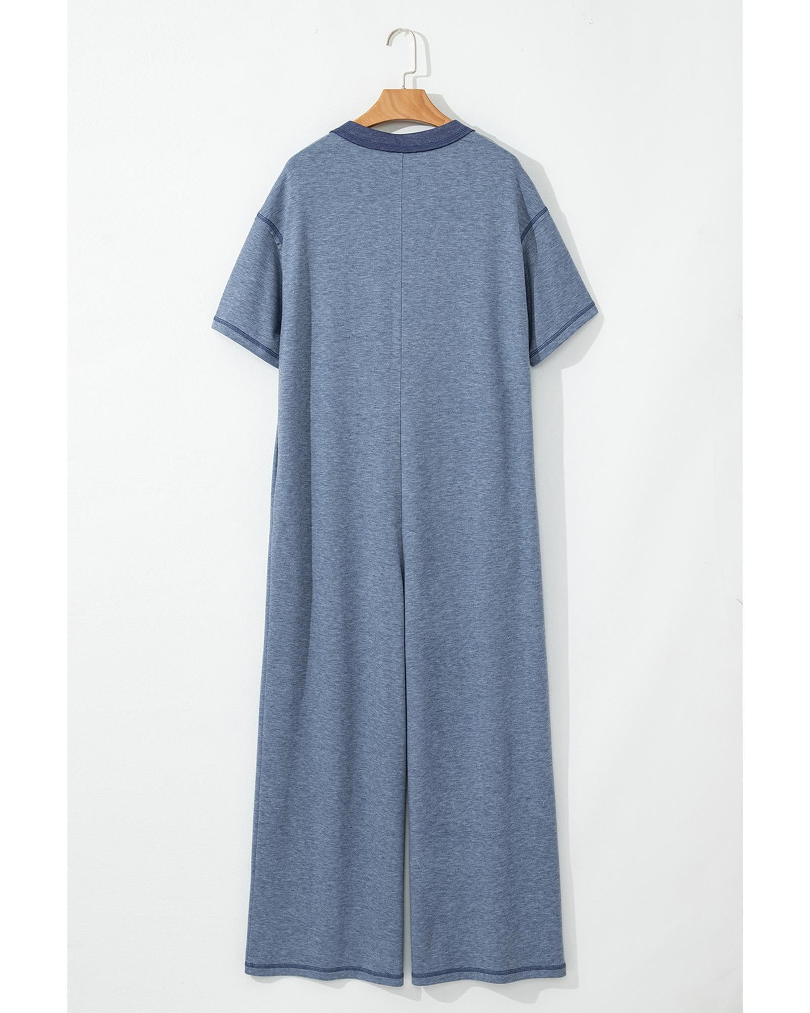 Beau Blue Half Placket Chest Pockets Short Sleeve Wide Leg Jumpsuit - M