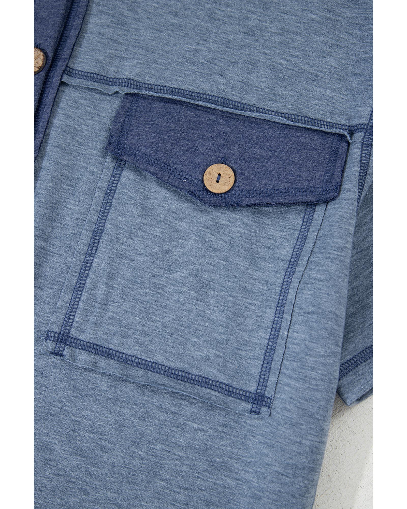 Beau Blue Half Placket Chest Pockets Short Sleeve Wide Leg Jumpsuit - M