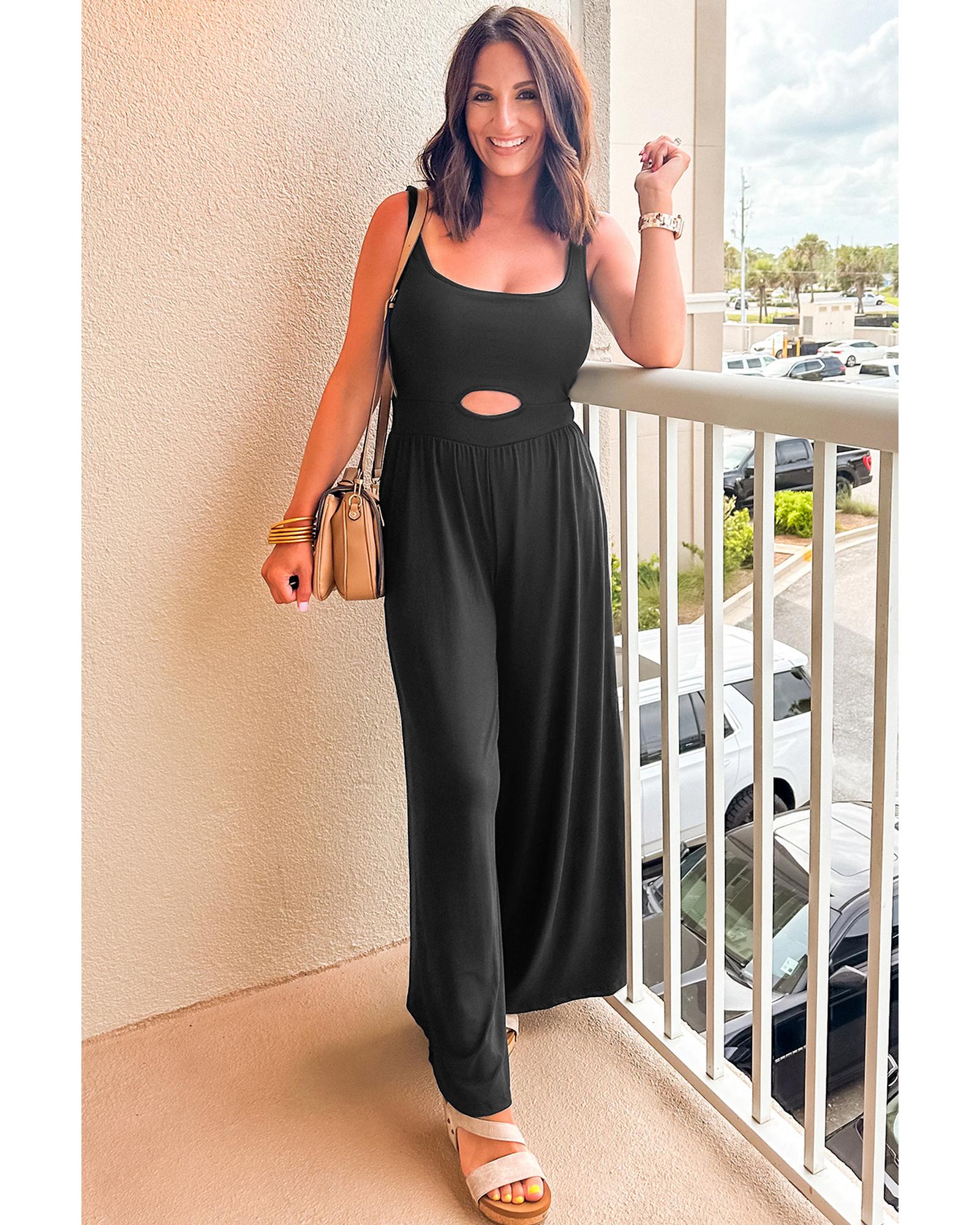 Black Peekaboo Wide Leg Square Neck Sleeveless Jumpsuit - M