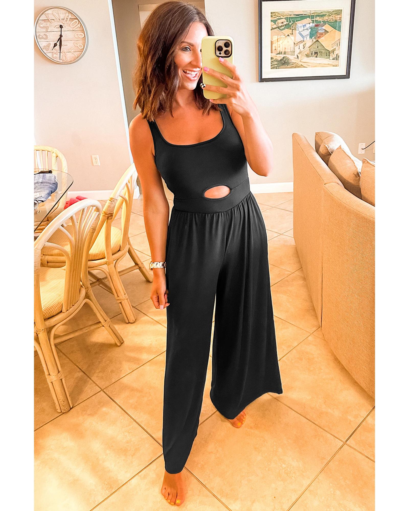 Black Peekaboo Wide Leg Square Neck Sleeveless Jumpsuit - M
