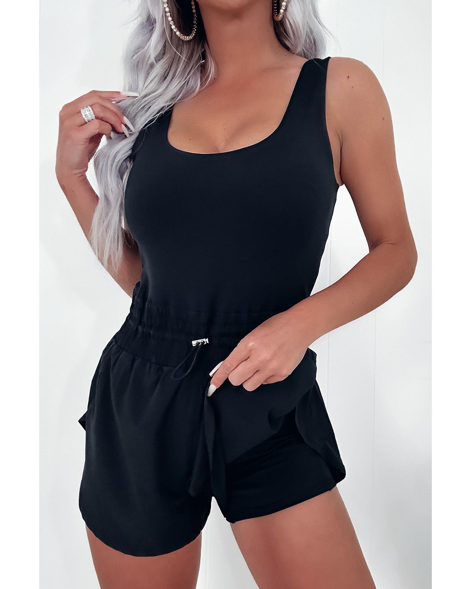 Black Plain Sleeveless Loop Drawstring Cinched Waist Romper - L