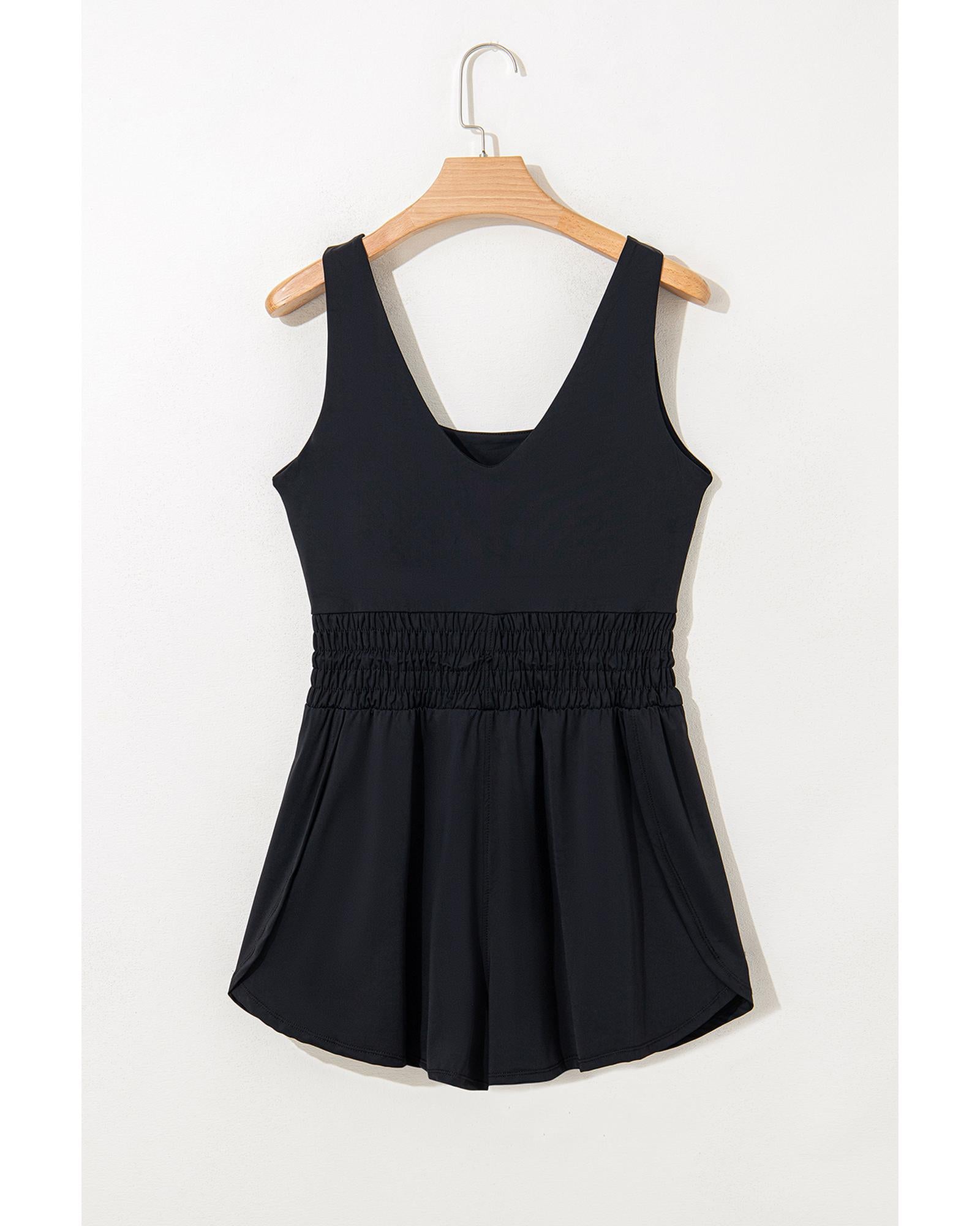 Black Plain Sleeveless Loop Drawstring Cinched Waist Romper - L