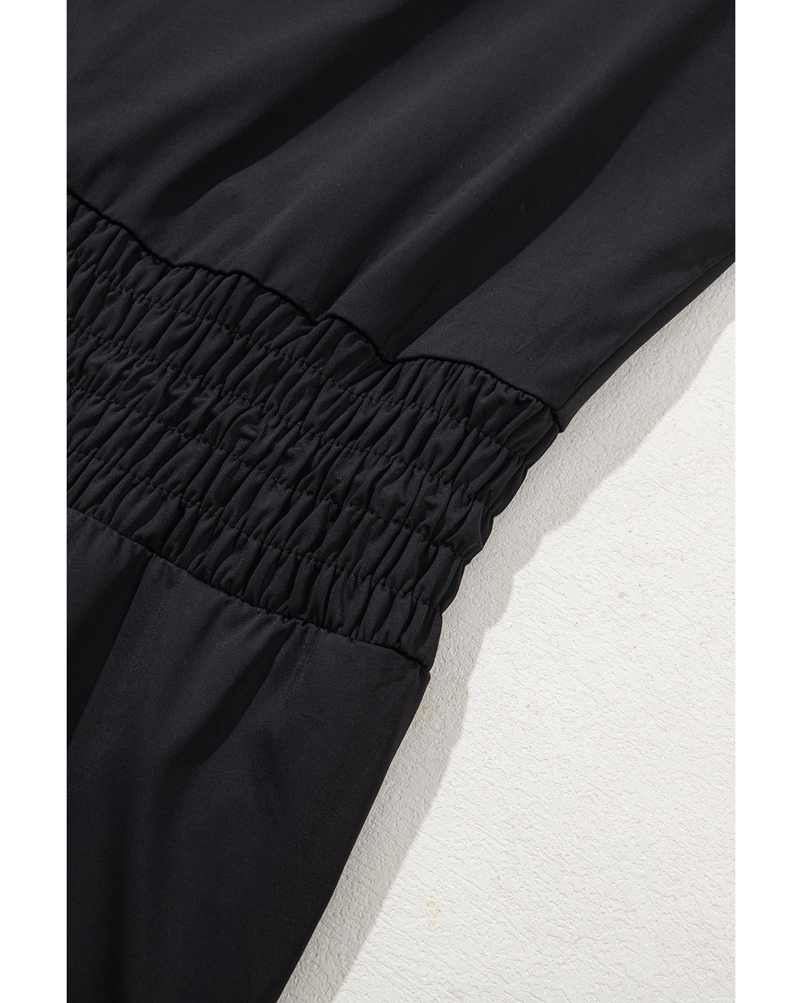 Black Plain Sleeveless Loop Drawstring Cinched Waist Romper - L