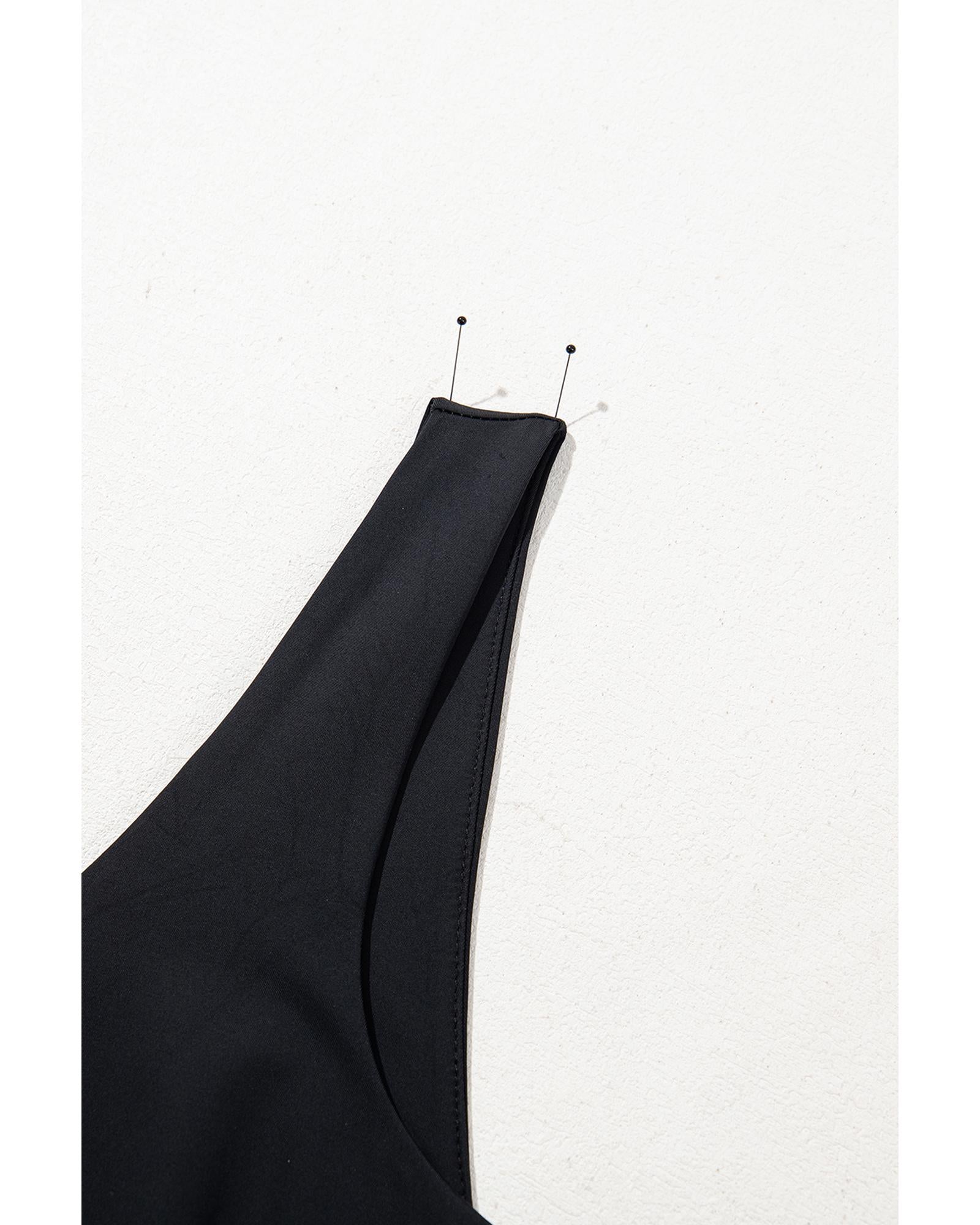 Black Plain Sleeveless Loop Drawstring Cinched Waist Romper - L