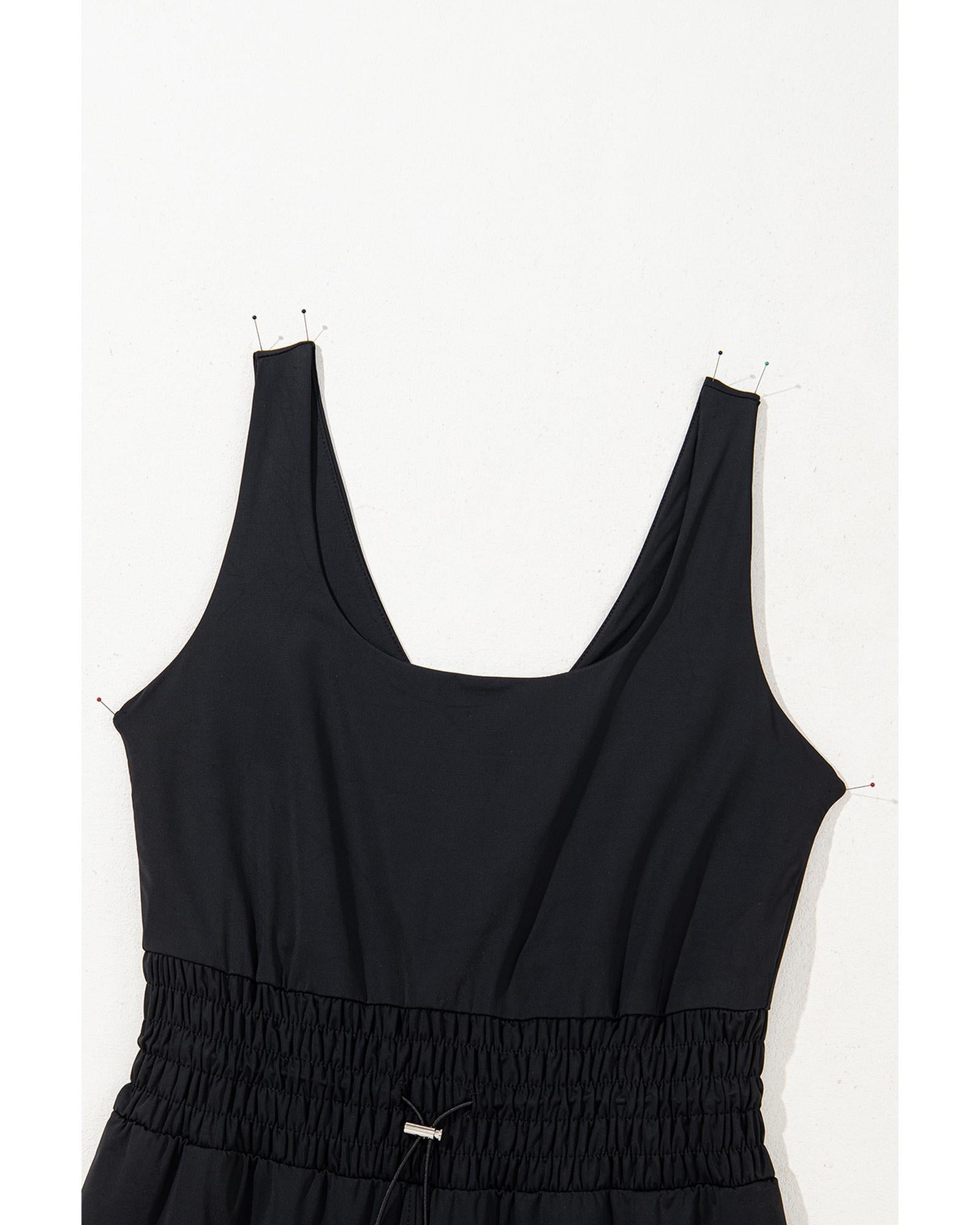 Black Plain Sleeveless Loop Drawstring Cinched Waist Romper - L