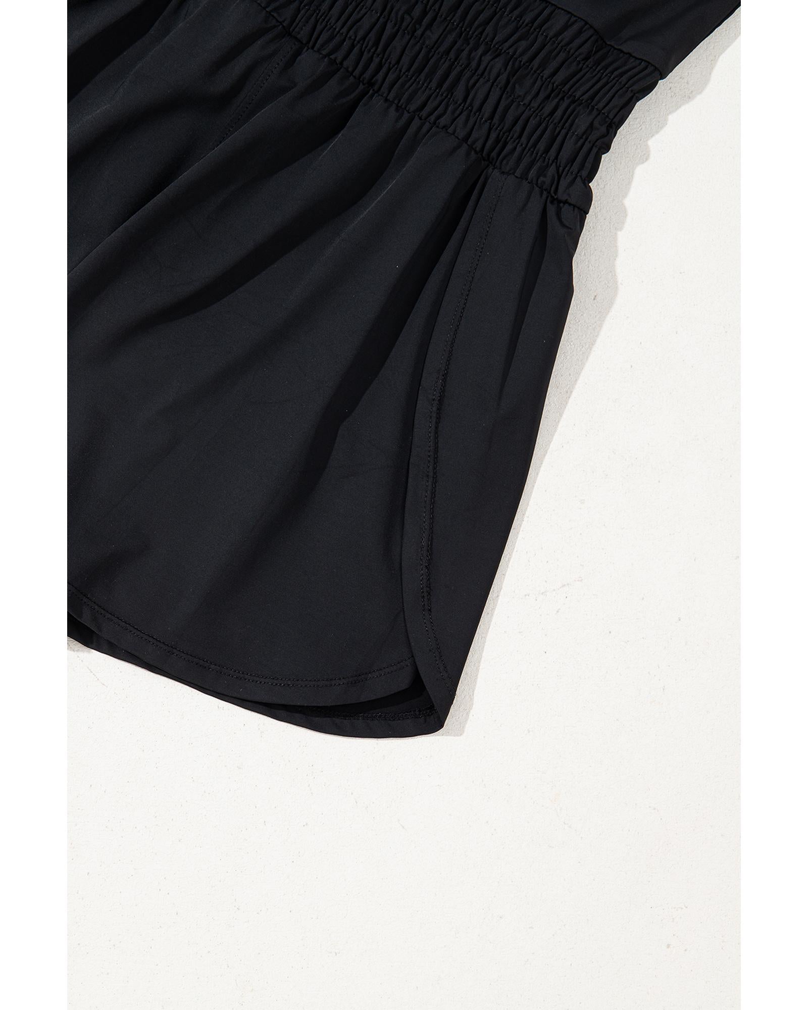 Black Plain Sleeveless Loop Drawstring Cinched Waist Romper - L