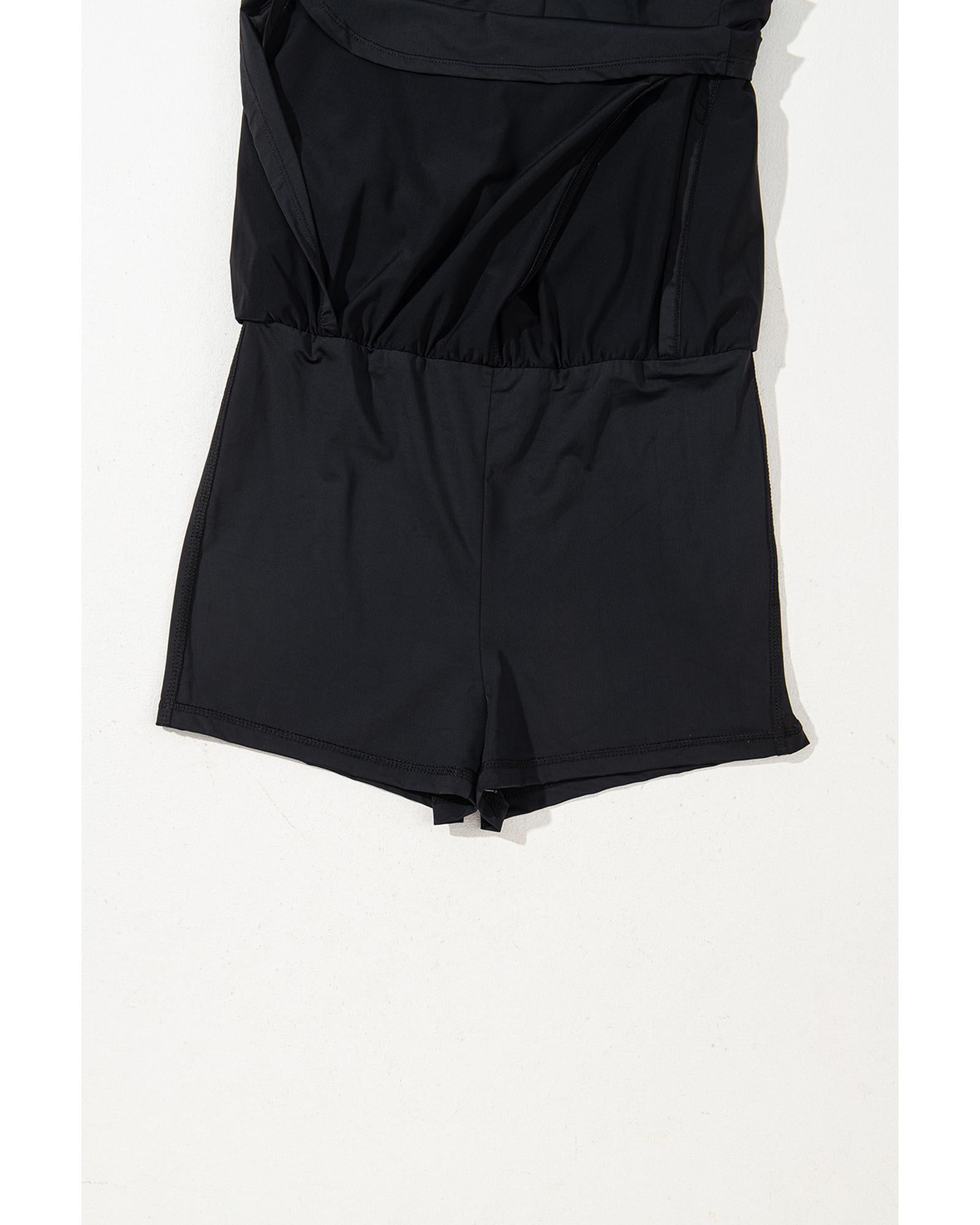 Black Plain Sleeveless Loop Drawstring Cinched Waist Romper - L