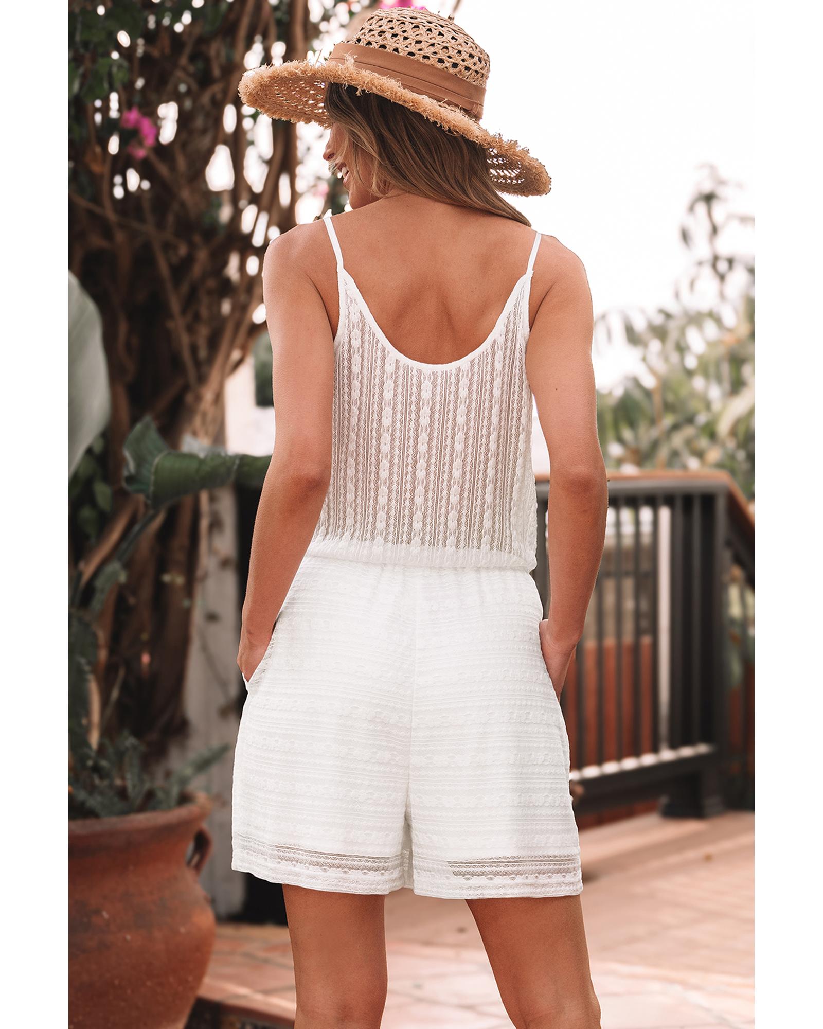 White Lace Spaghetti Strap V Neck Loose Fit Romper - L