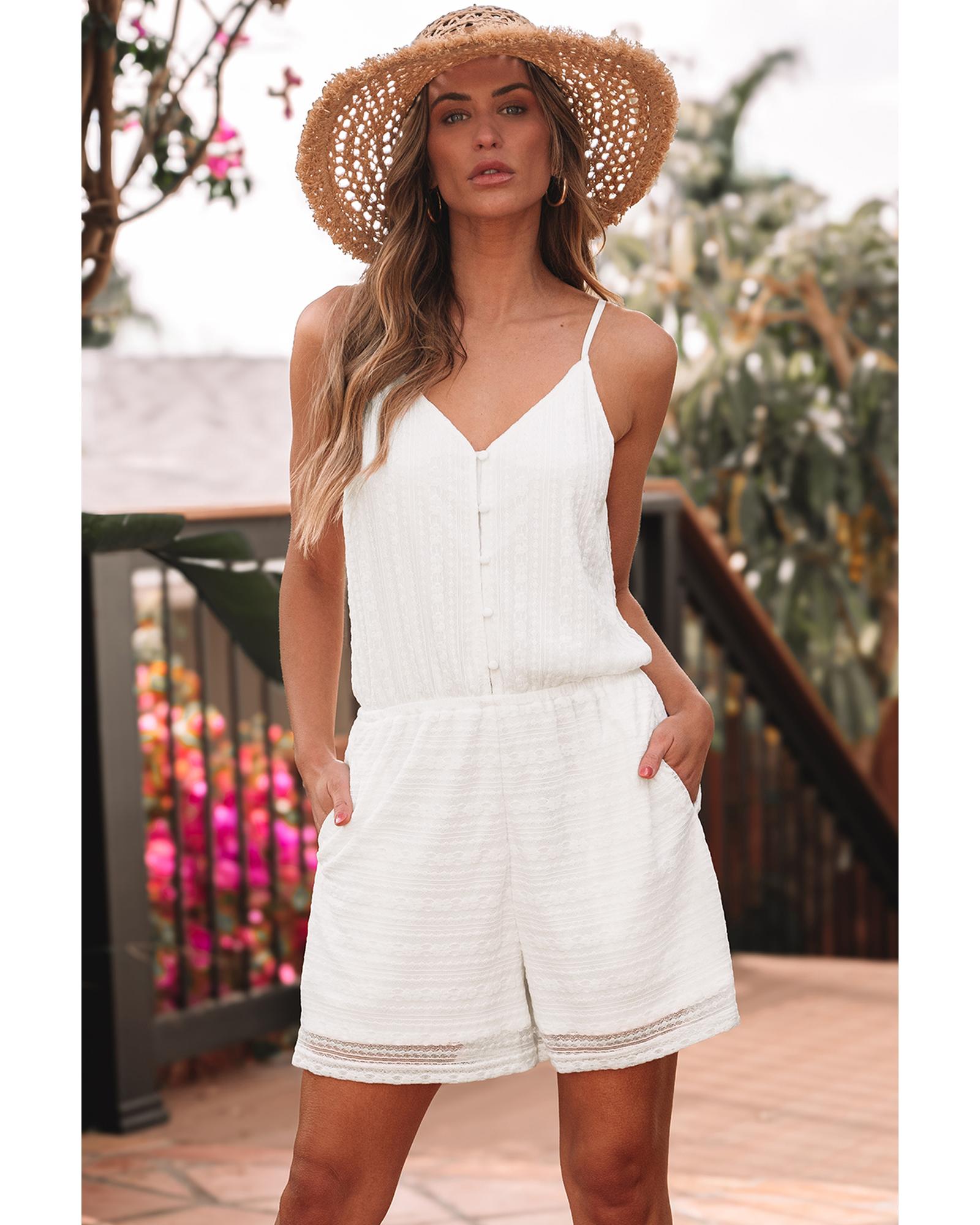 White Lace Spaghetti Strap V Neck Loose Fit Romper - S