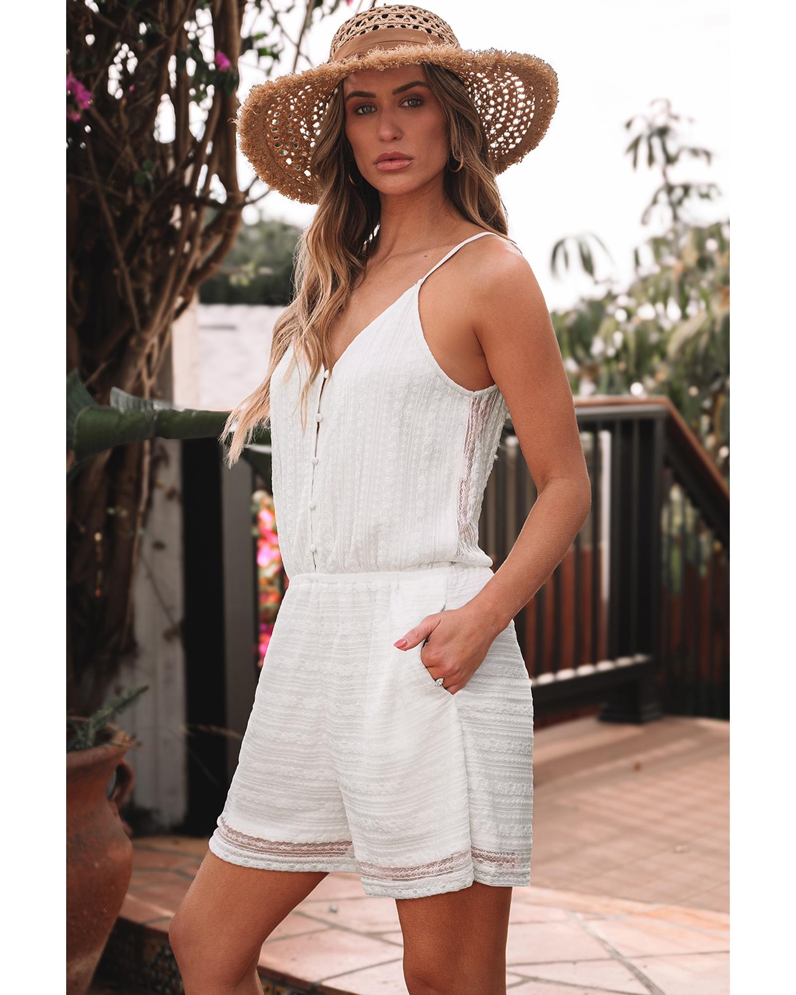 White Lace Spaghetti Strap V Neck Loose Fit Romper - S