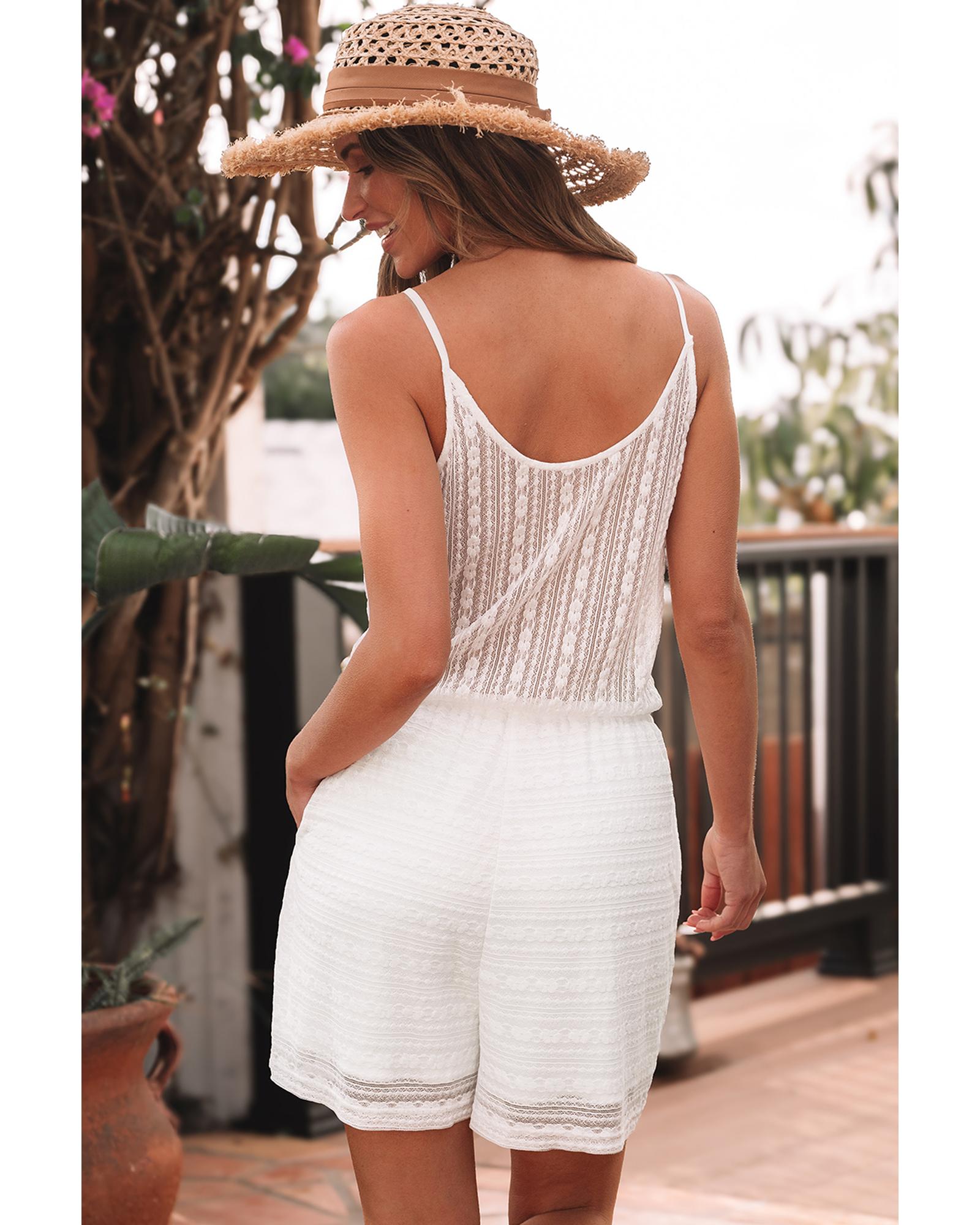 White Lace Spaghetti Strap V Neck Loose Fit Romper - S