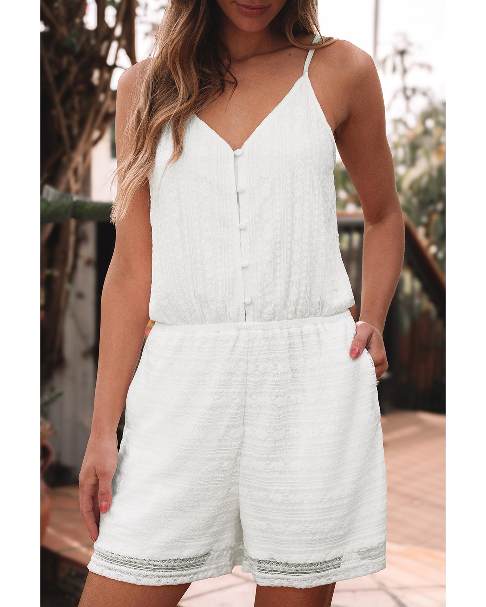 White Lace Spaghetti Strap V Neck Loose Fit Romper - S