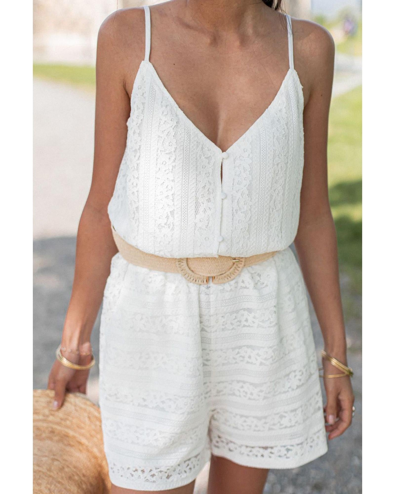 White Lace Spaghetti Strap V Neck Loose Fit Romper - S