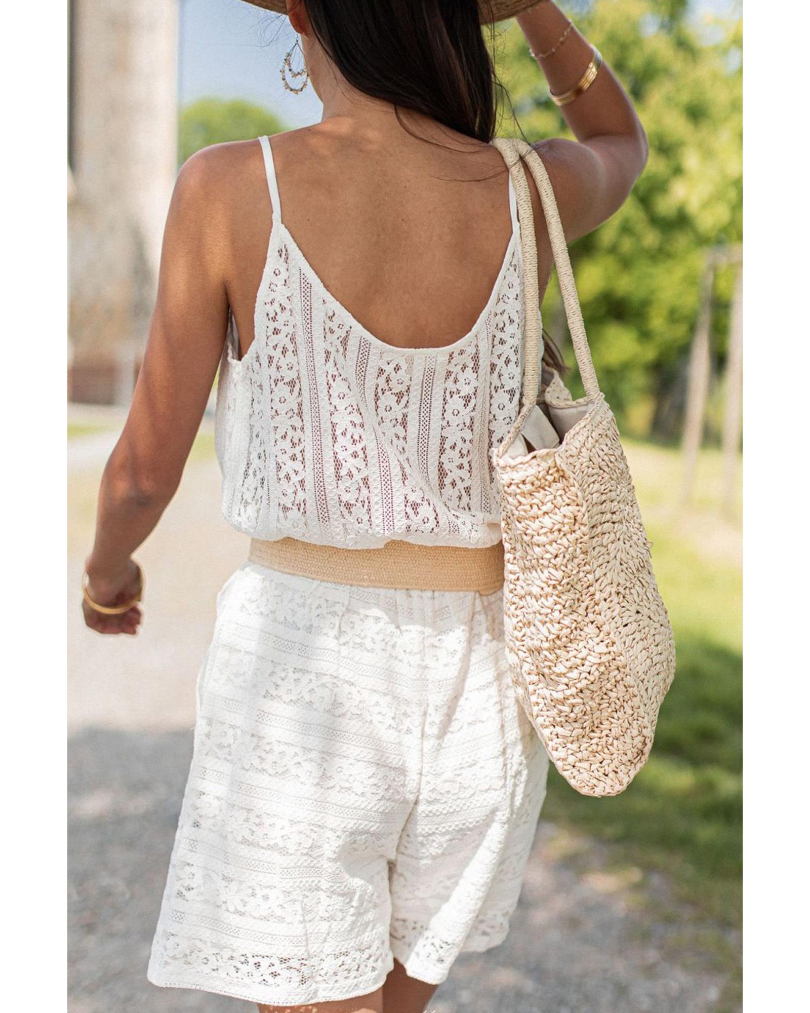 White Lace Spaghetti Strap V Neck Loose Fit Romper - S