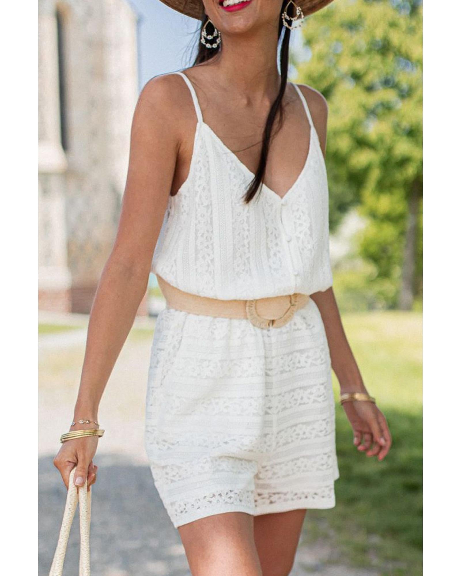 White Lace Spaghetti Strap V Neck Loose Fit Romper - XL