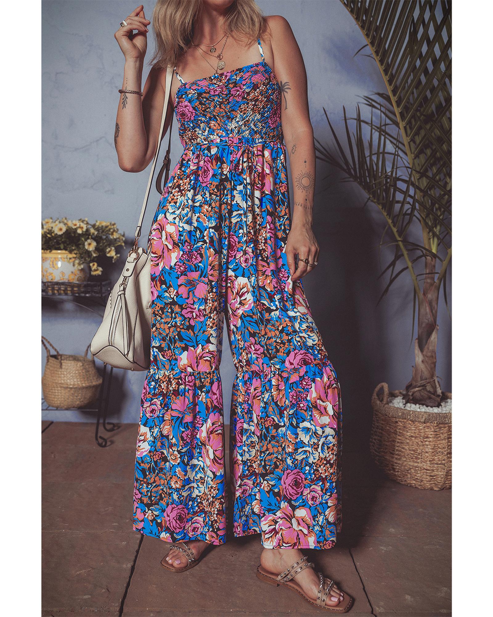 Pink Floral Smocked Bust Spaghetti Straps Wide Leg Jumpsuit - L