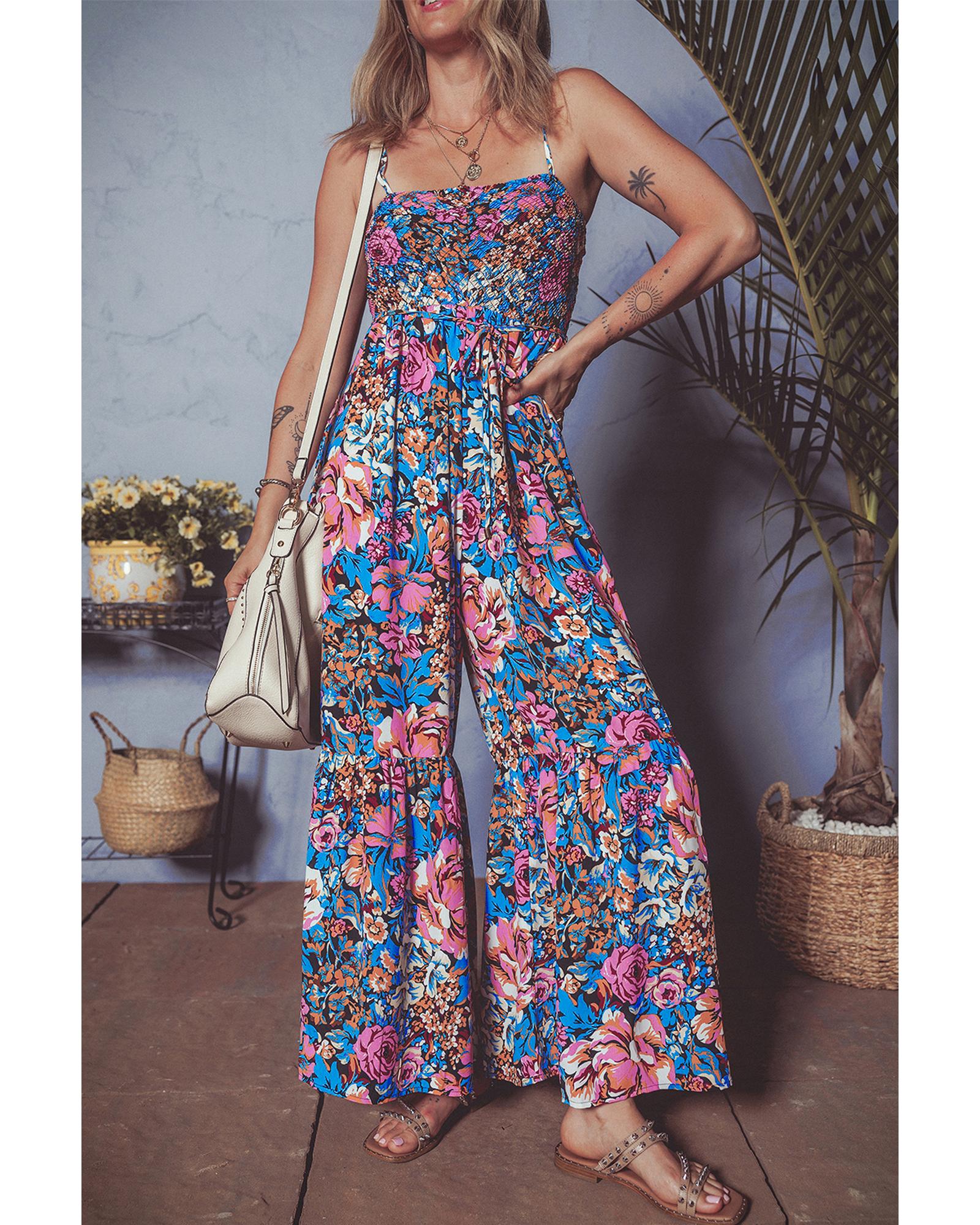 Pink Floral Smocked Bust Spaghetti Straps Wide Leg Jumpsuit - L