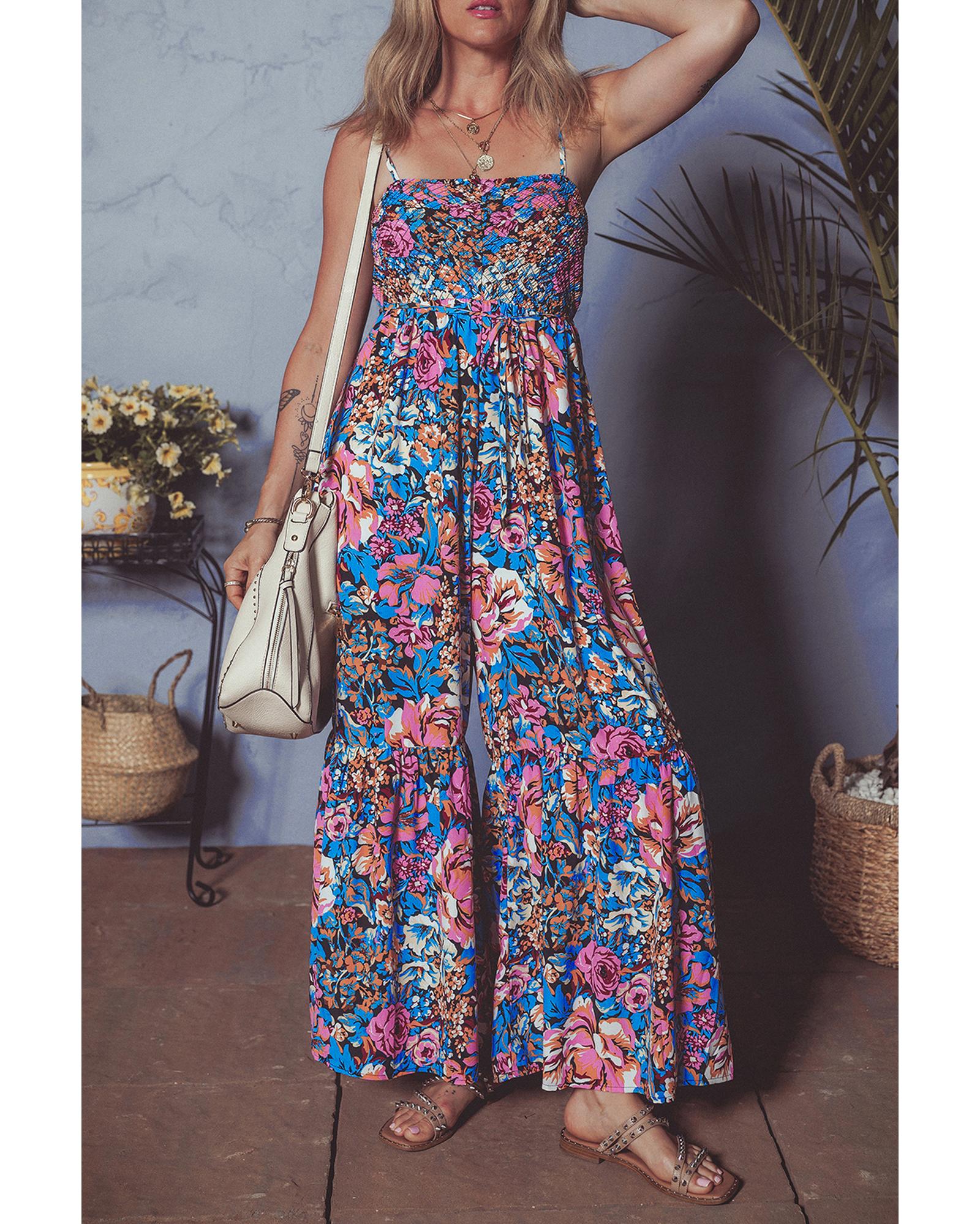 Pink Floral Smocked Bust Spaghetti Straps Wide Leg Jumpsuit - L