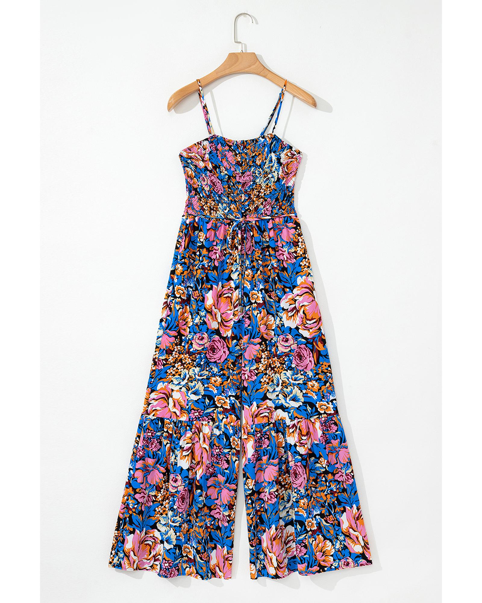 Pink Floral Smocked Bust Spaghetti Straps Wide Leg Jumpsuit - L