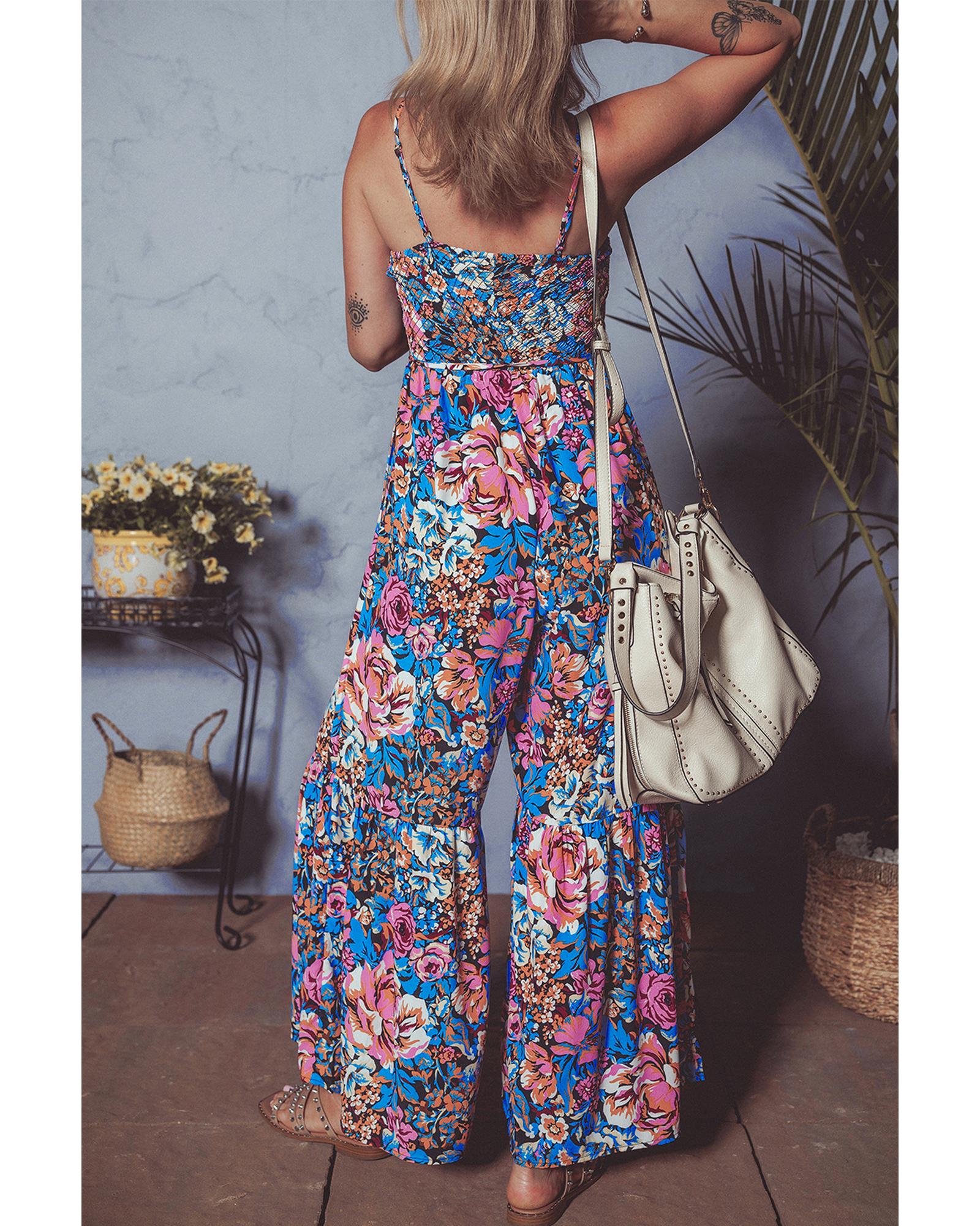Pink Floral Smocked Bust Spaghetti Straps Wide Leg Jumpsuit - M