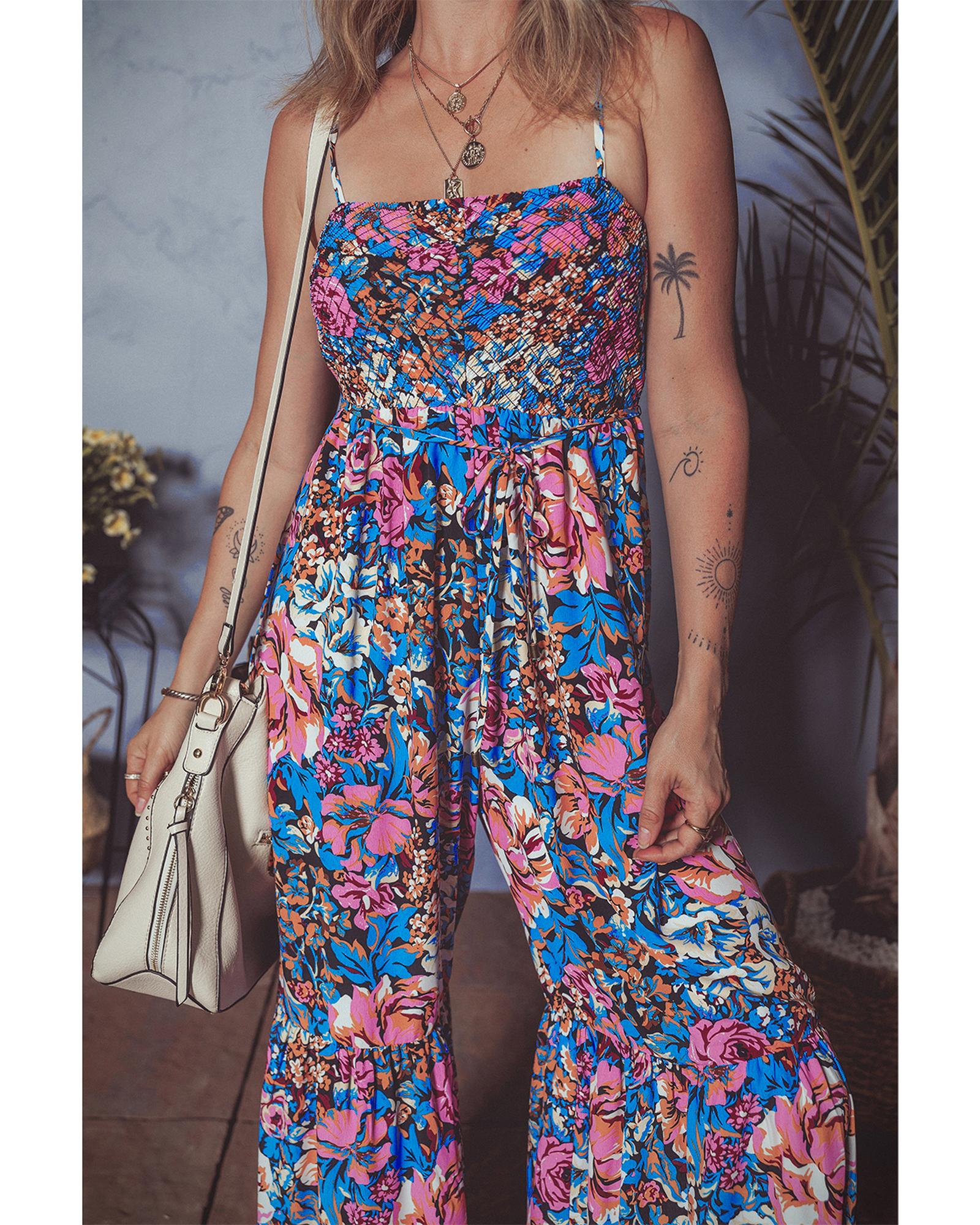 Pink Floral Smocked Bust Spaghetti Straps Wide Leg Jumpsuit - M