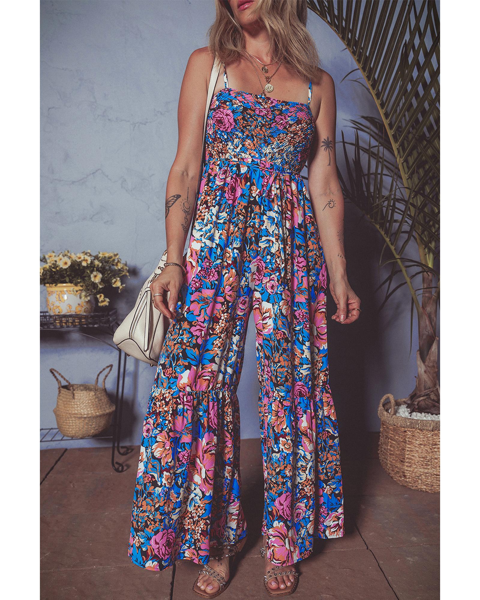 Pink Floral Smocked Bust Spaghetti Straps Wide Leg Jumpsuit - M