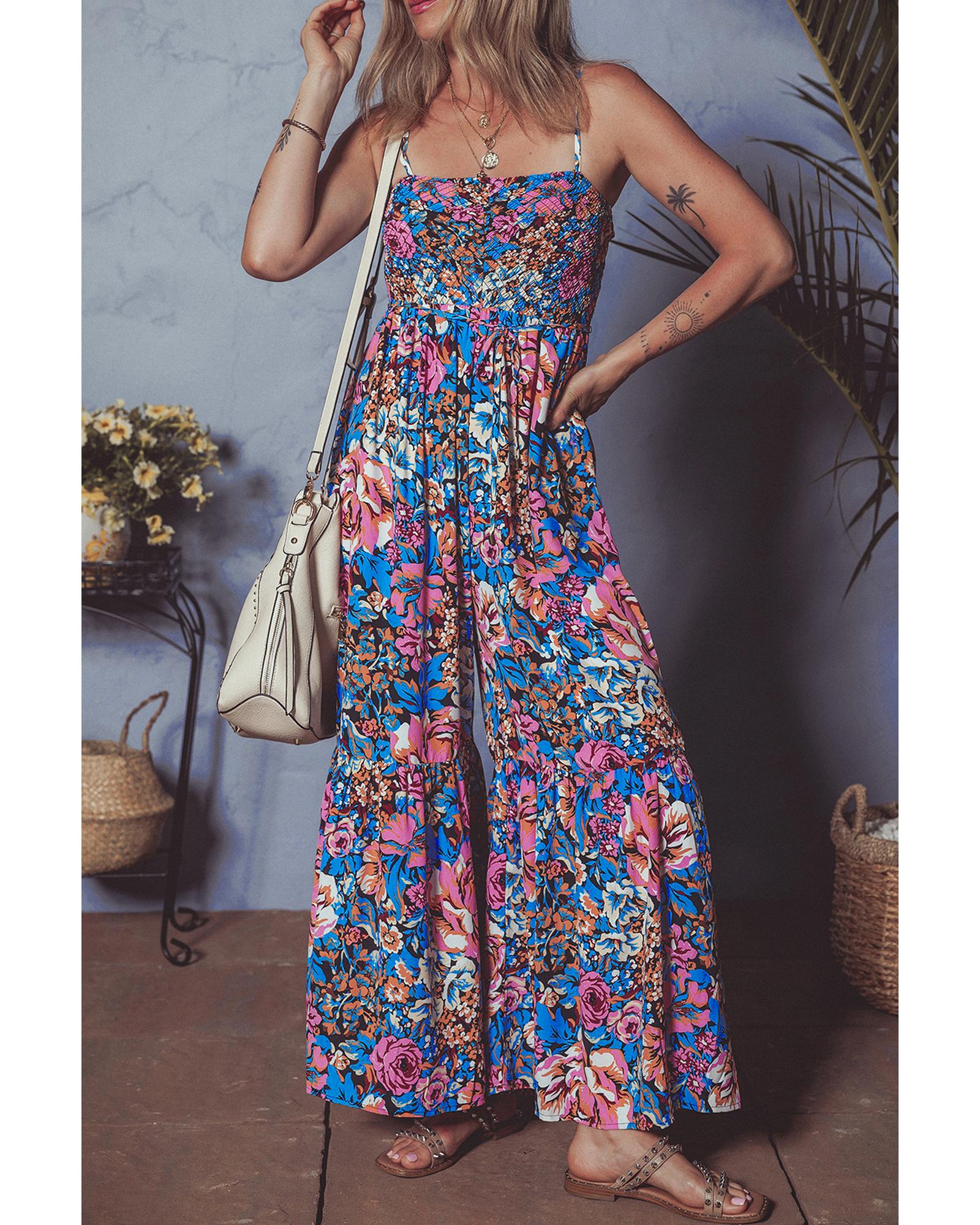 Pink Floral Smocked Bust Spaghetti Straps Wide Leg Jumpsuit - XL