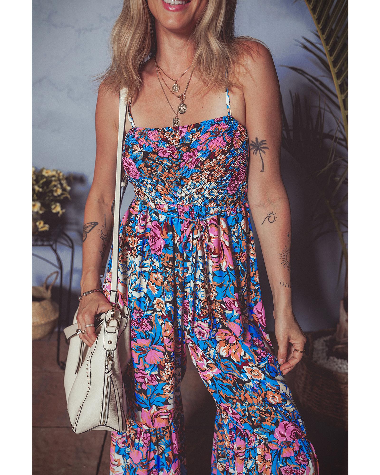 Pink Floral Smocked Bust Spaghetti Straps Wide Leg Jumpsuit - XL