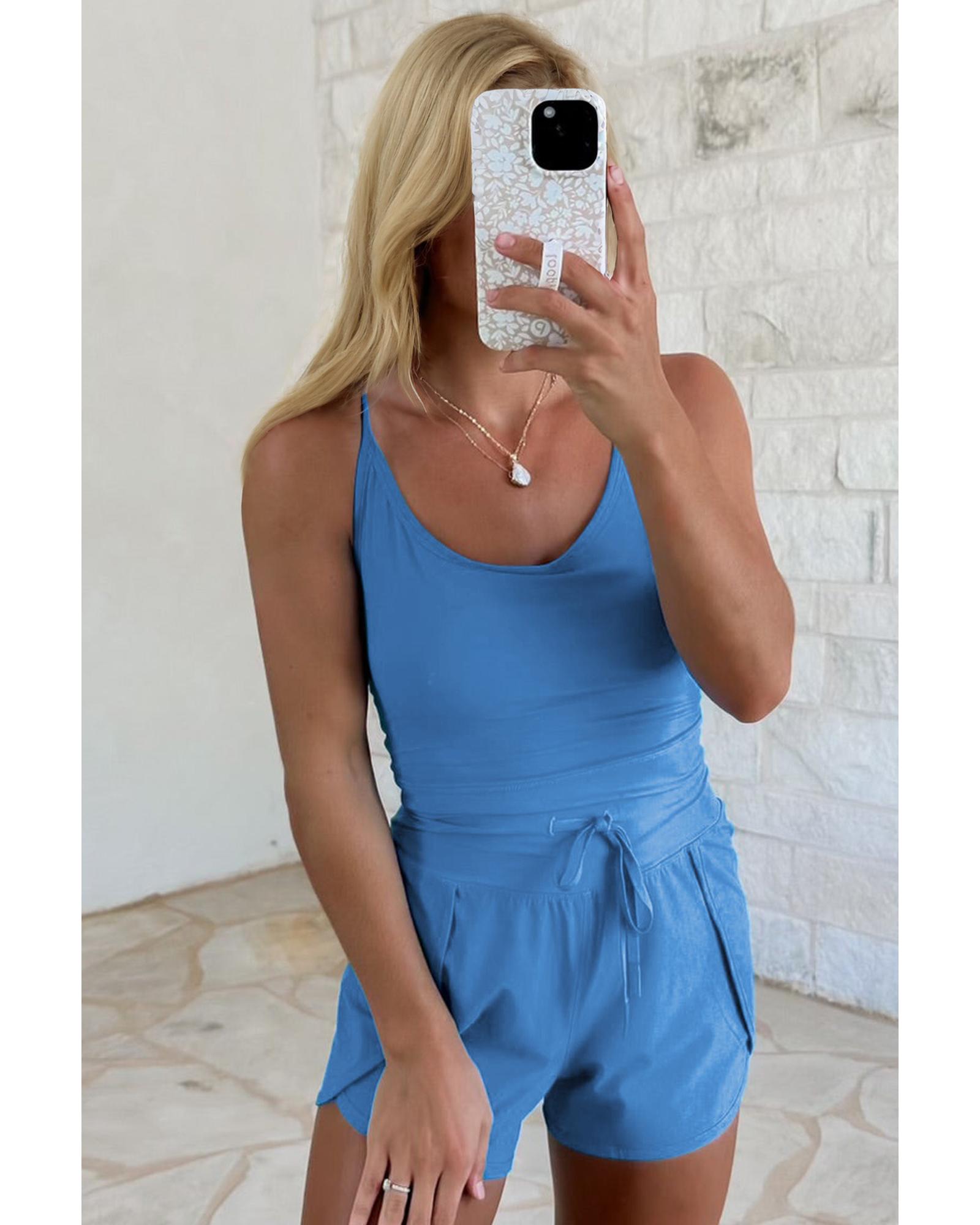 Blue Crossed Spaghetti Straps Drawstring Waist Sporty Romper - L