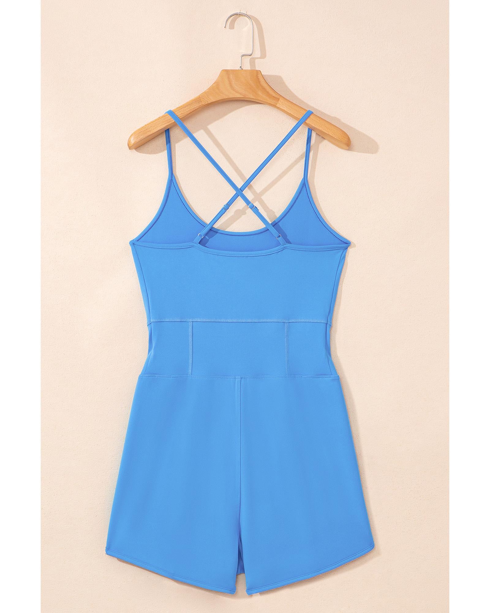 Blue Crossed Spaghetti Straps Drawstring Waist Sporty Romper - L