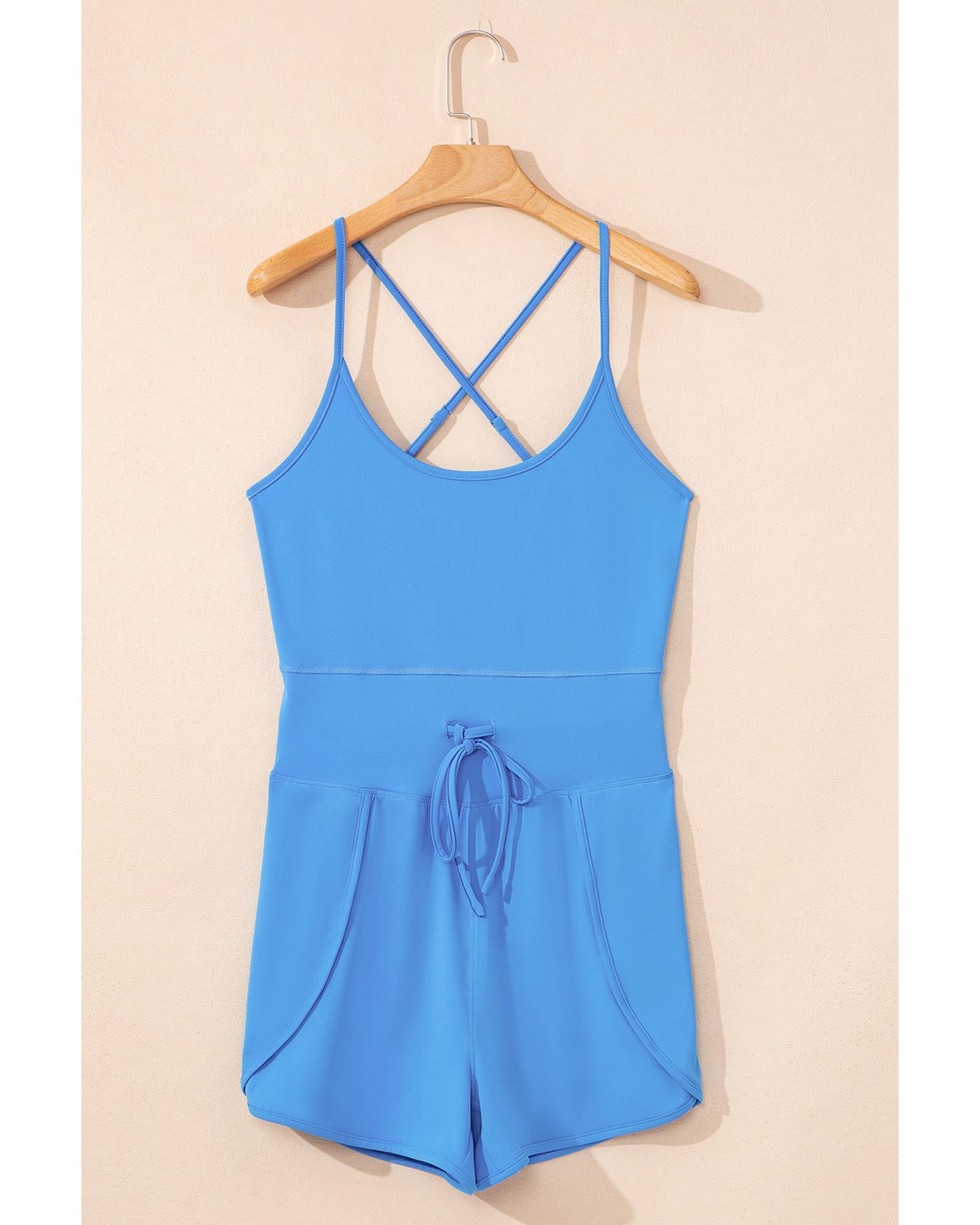 Blue Crossed Spaghetti Straps Drawstring Waist Sporty Romper - XL