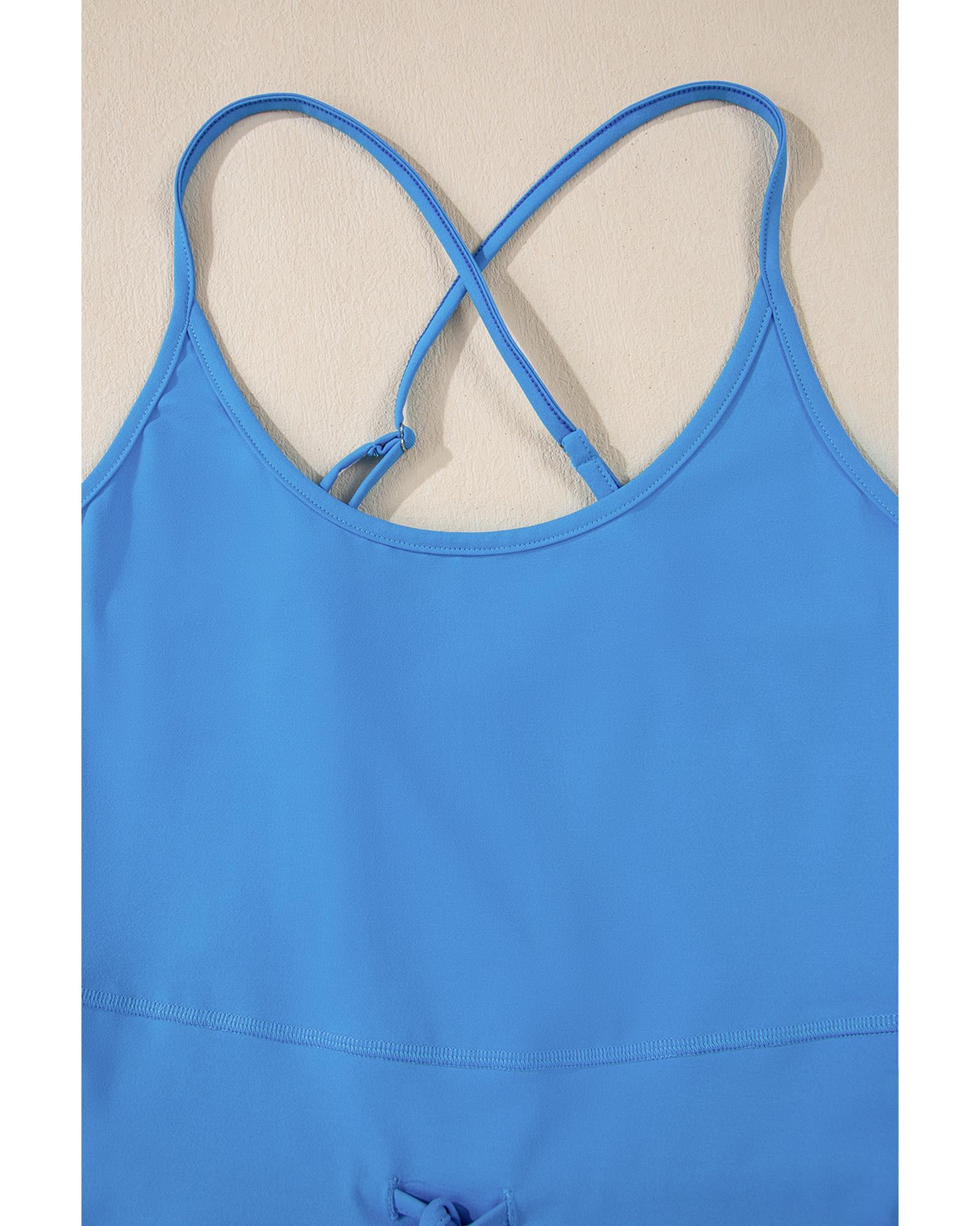 Blue Crossed Spaghetti Straps Drawstring Waist Sporty Romper - XL