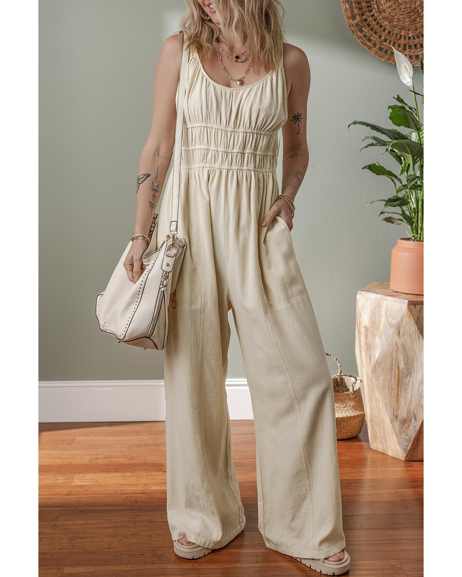 Beige Ruched High Waist Sleeveless Wide Leg Jumpsuit - L