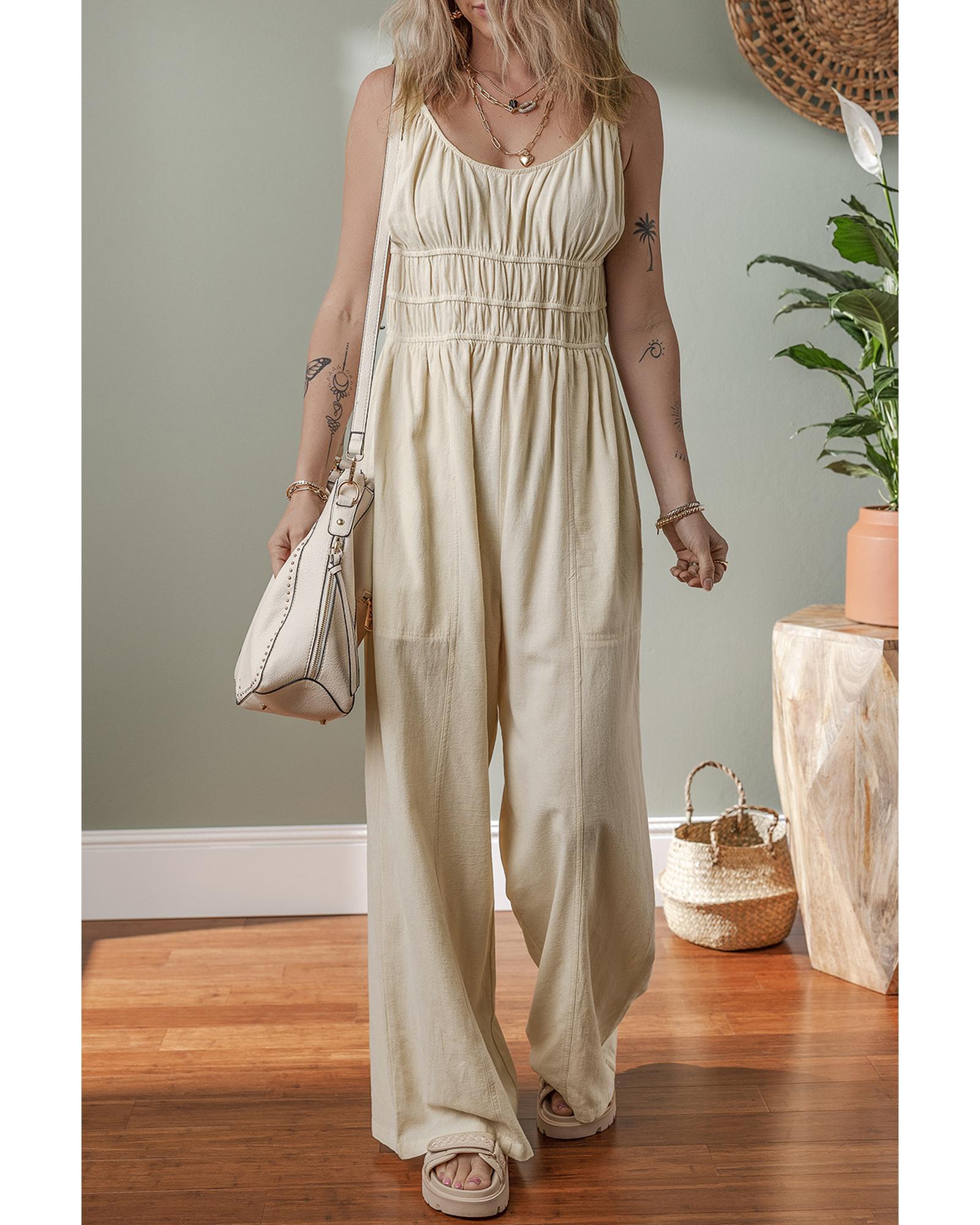 Beige Ruched High Waist Sleeveless Wide Leg Jumpsuit - L