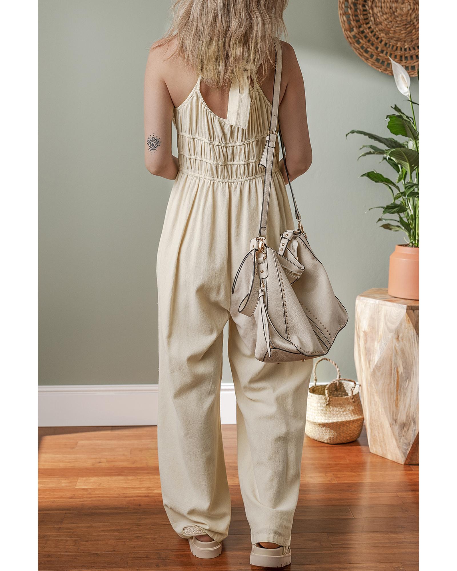 Beige Ruched High Waist Sleeveless Wide Leg Jumpsuit - M